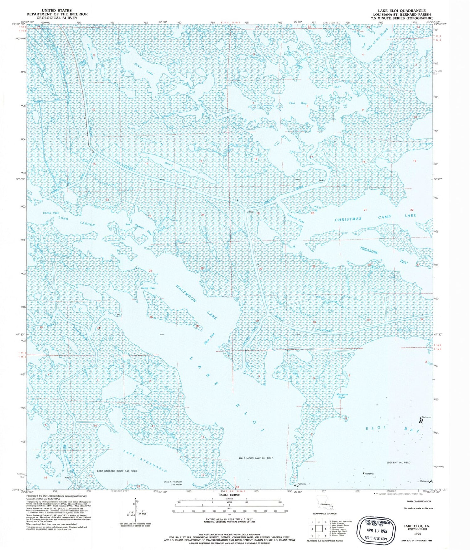 Classic USGS Lake Eloi Louisiana 7.5'x7.5' Topo Map Image