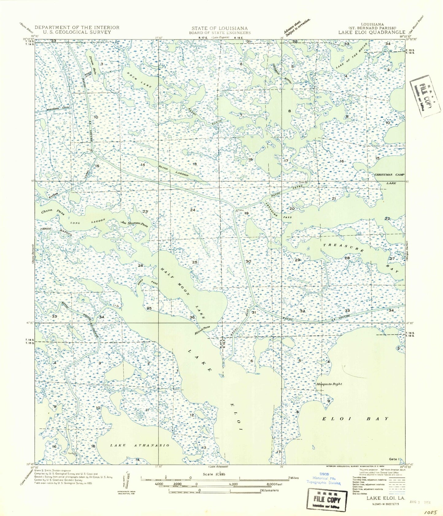 Classic USGS Lake Eloi Louisiana 7.5'x7.5' Topo Map Image