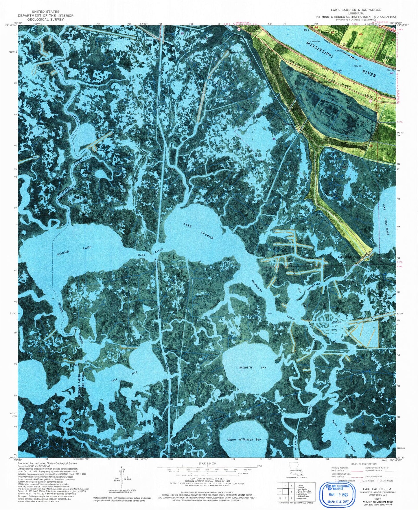 Classic USGS Lake Laurier Louisiana 7.5'x7.5' Topo Map Image