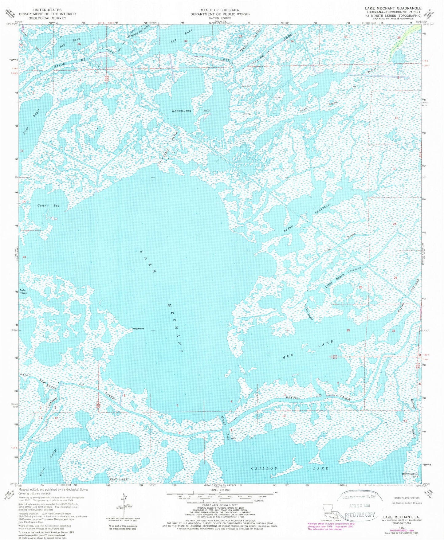 Classic USGS Lake Mechant Louisiana 7.5'x7.5' Topo Map Image
