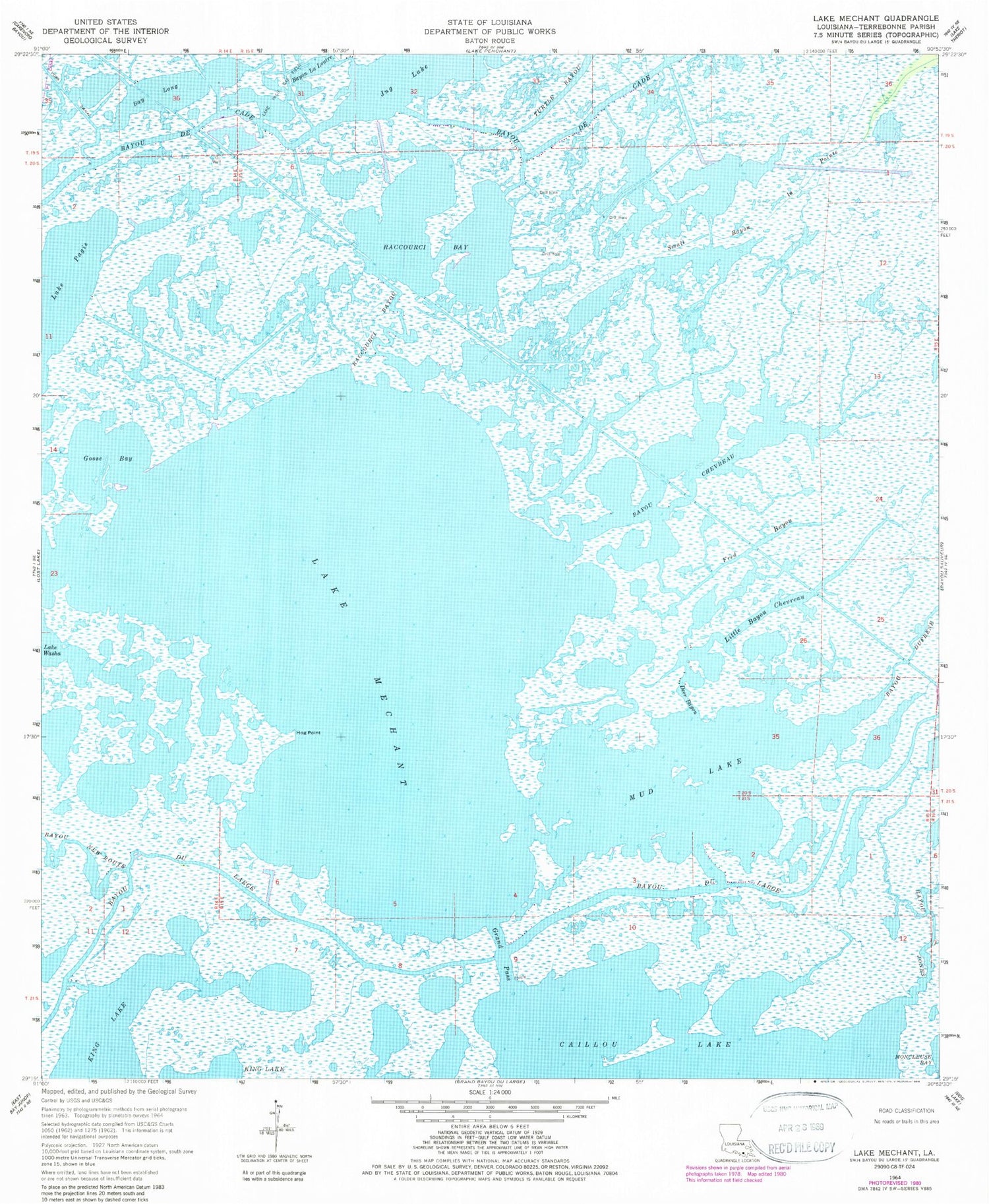 Classic USGS Lake Mechant Louisiana 7.5'x7.5' Topo Map Image