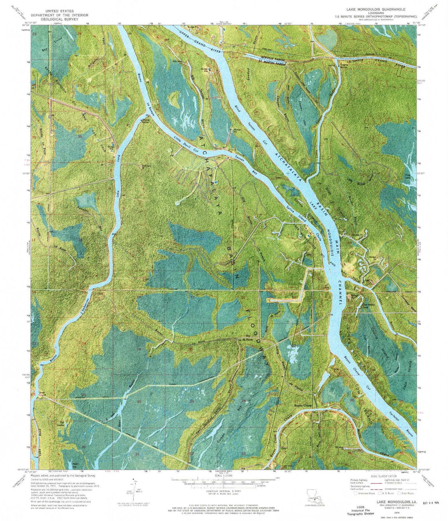 Classic USGS Lake Mongoulois Louisiana 7.5'x7.5' Topo Map Image