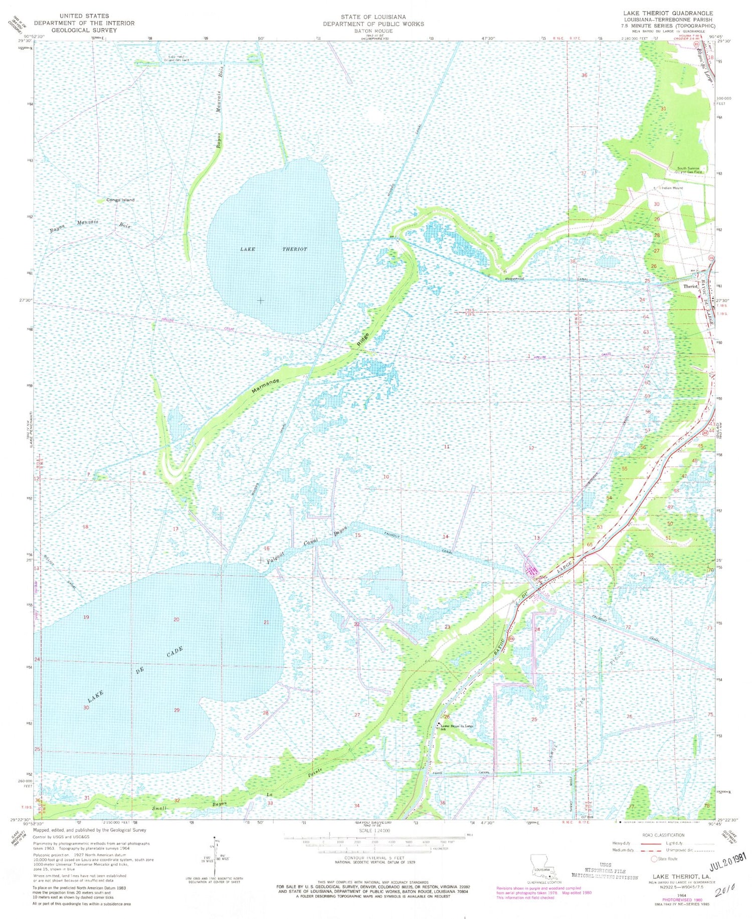 Classic USGS Lake Theriot Louisiana 7.5'x7.5' Topo Map Image