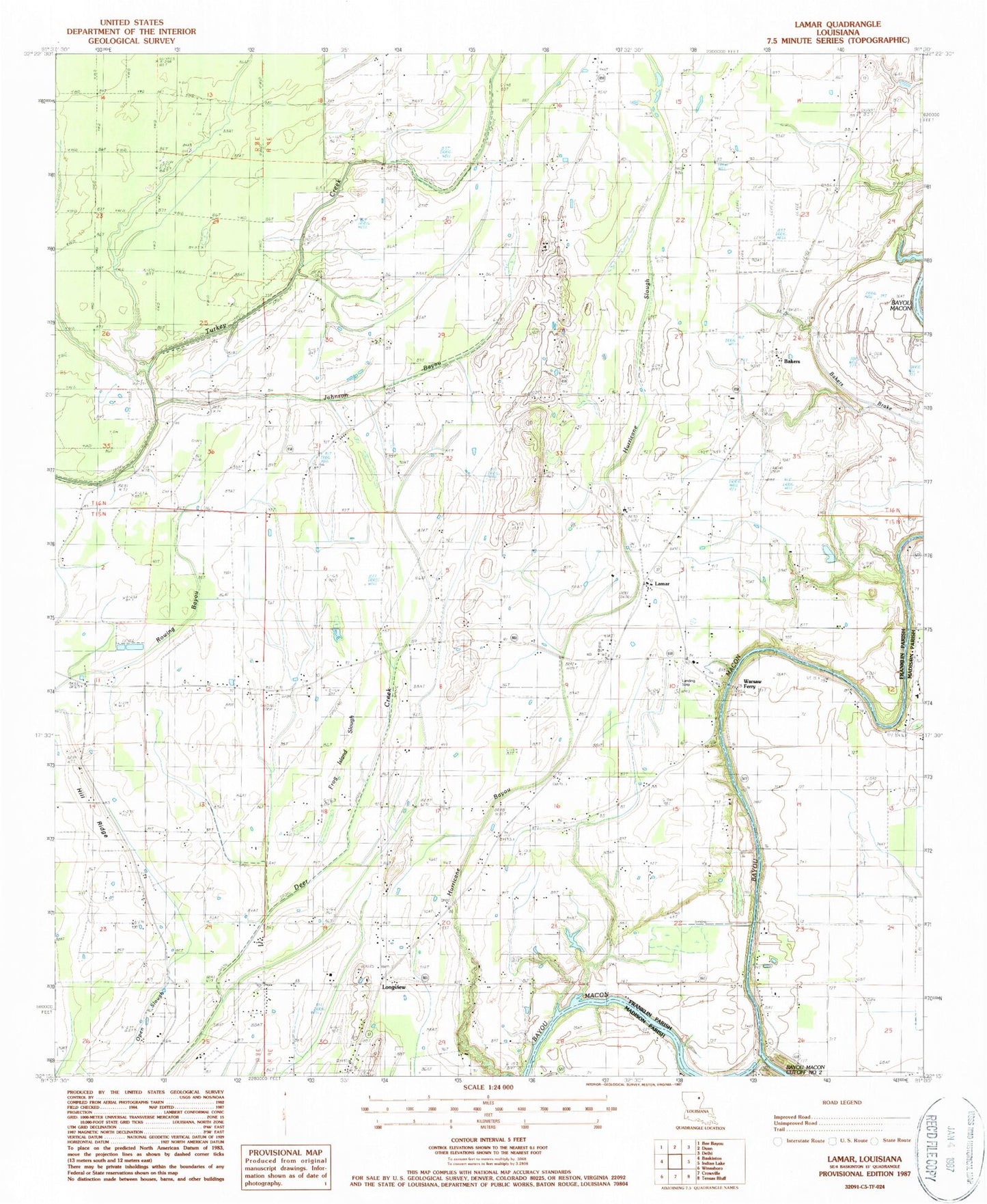Classic USGS Lamar Louisiana 7.5'x7.5' Topo Map Image
