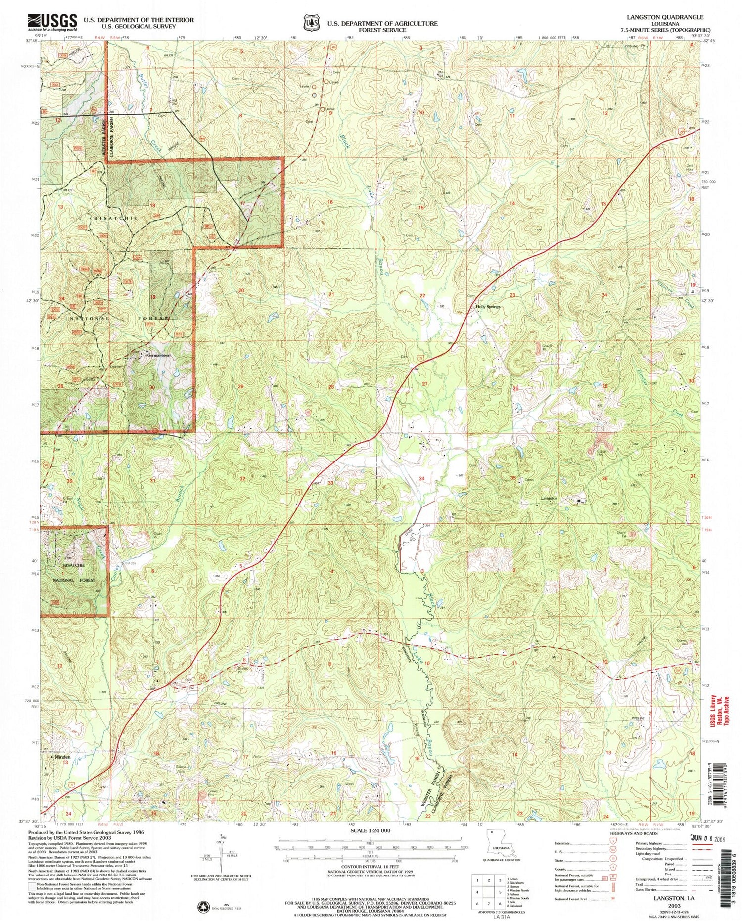 Classic USGS Langston Louisiana 7.5'x7.5' Topo Map Image