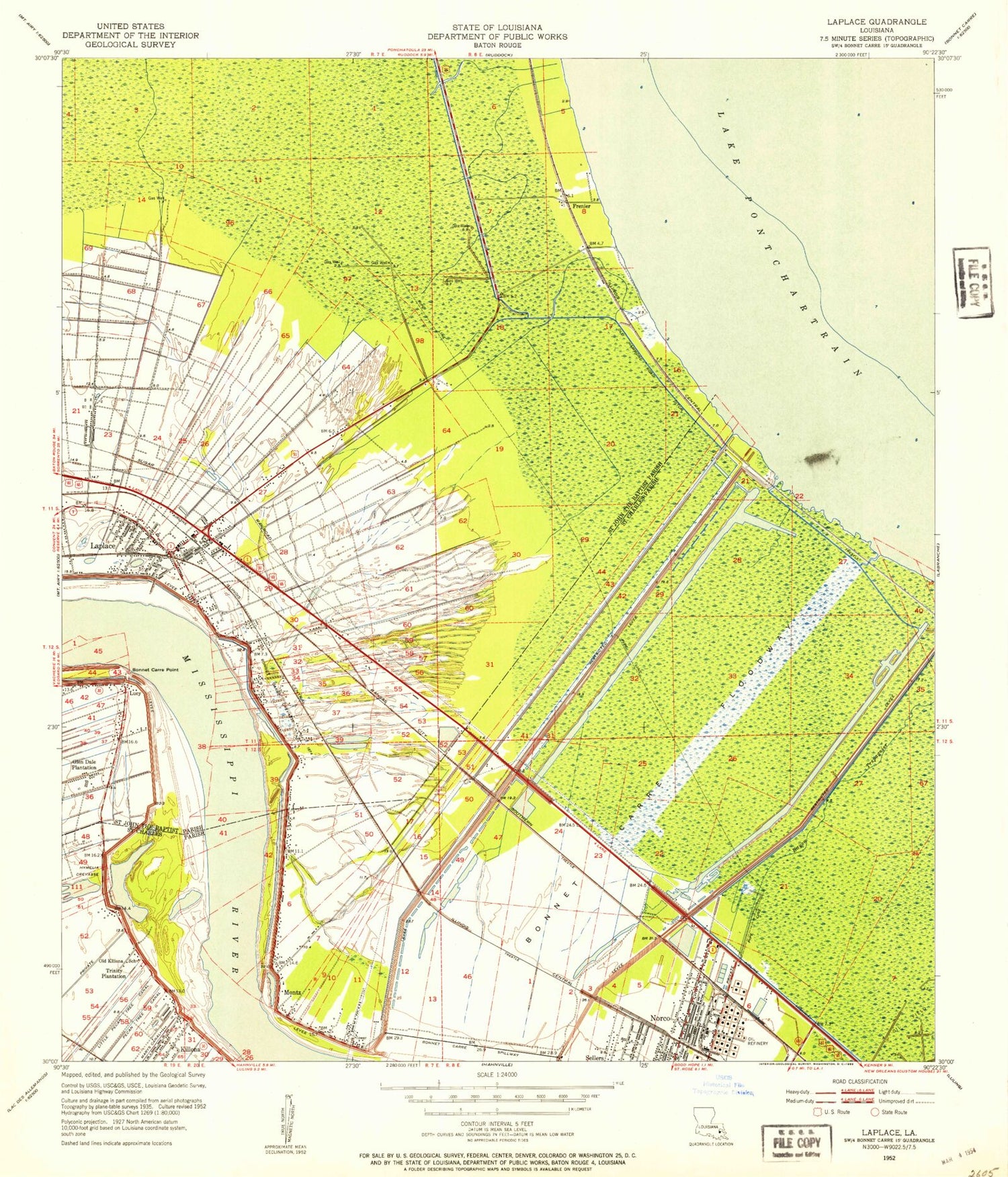 Classic USGS Laplace Louisiana 7.5'x7.5' Topo Map Image