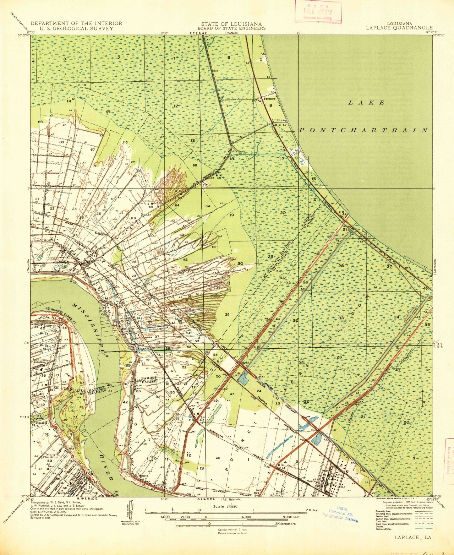 Classic USGS Laplace Louisiana 7.5'x7.5' Topo Map Image