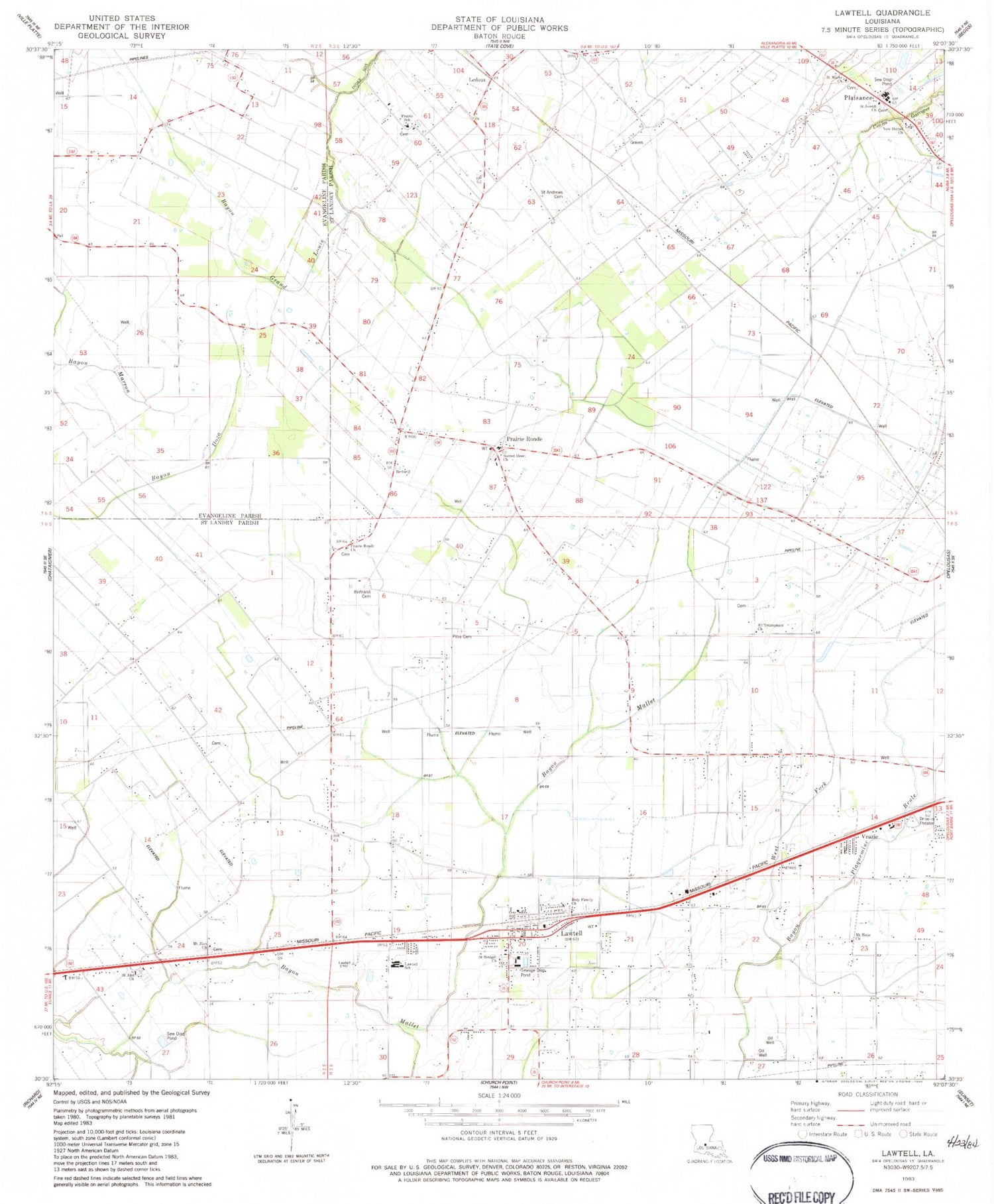 Classic USGS Lawtell Louisiana 7.5'x7.5' Topo Map Image