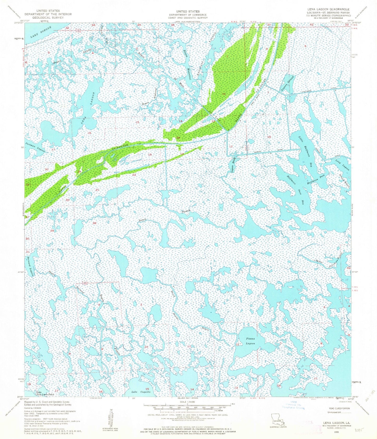 Classic USGS Lena Lagoon Louisiana 7.5'x7.5' Topo Map Image