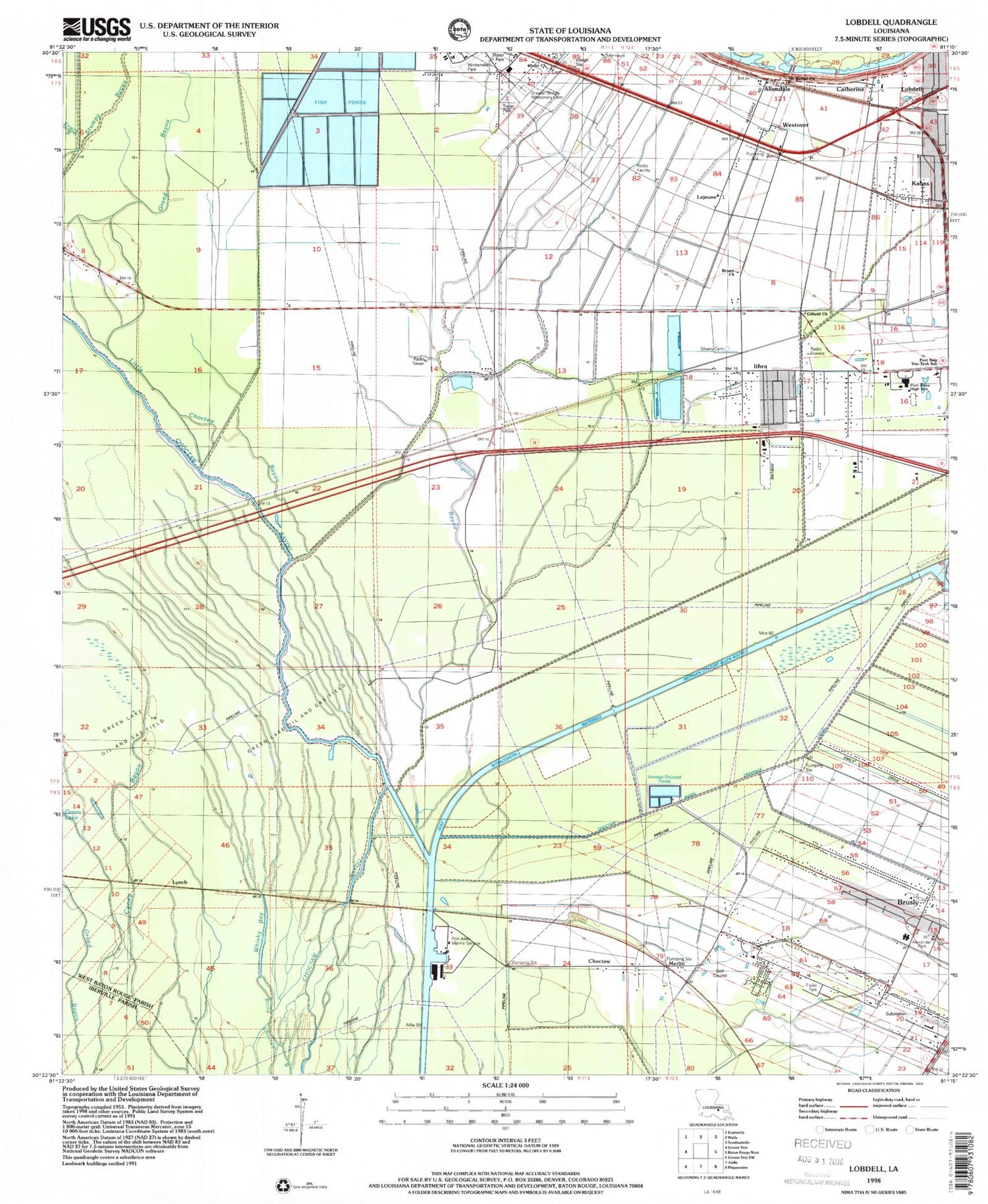 Classic USGS Lobdell Louisiana 7.5'x7.5' Topo Map Image