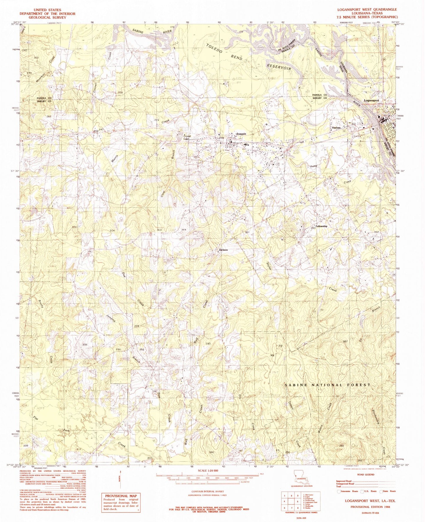 Classic USGS Logansport West Louisiana 7.5'x7.5' Topo Map Image