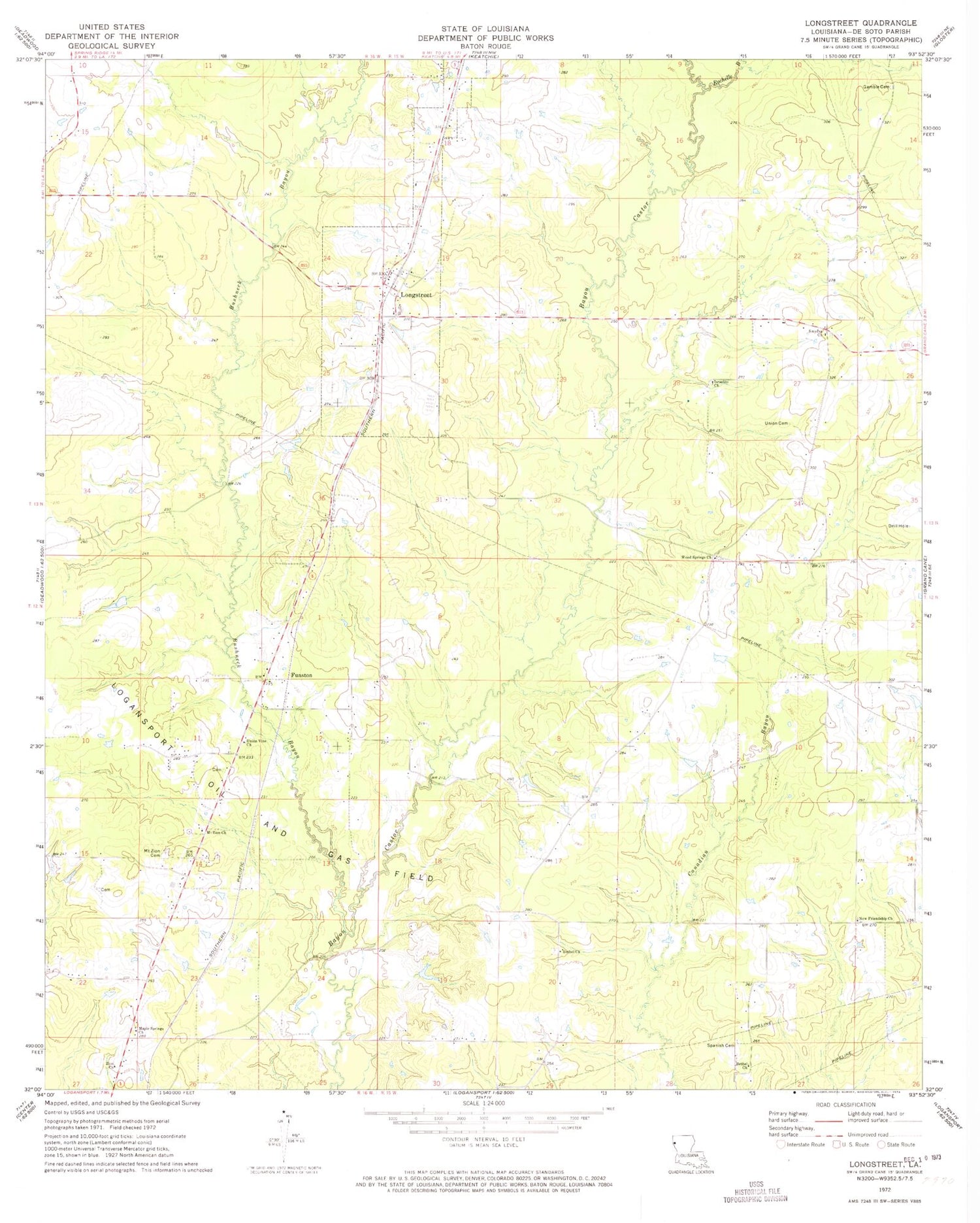 Classic USGS Longstreet Louisiana 7.5'x7.5' Topo Map Image