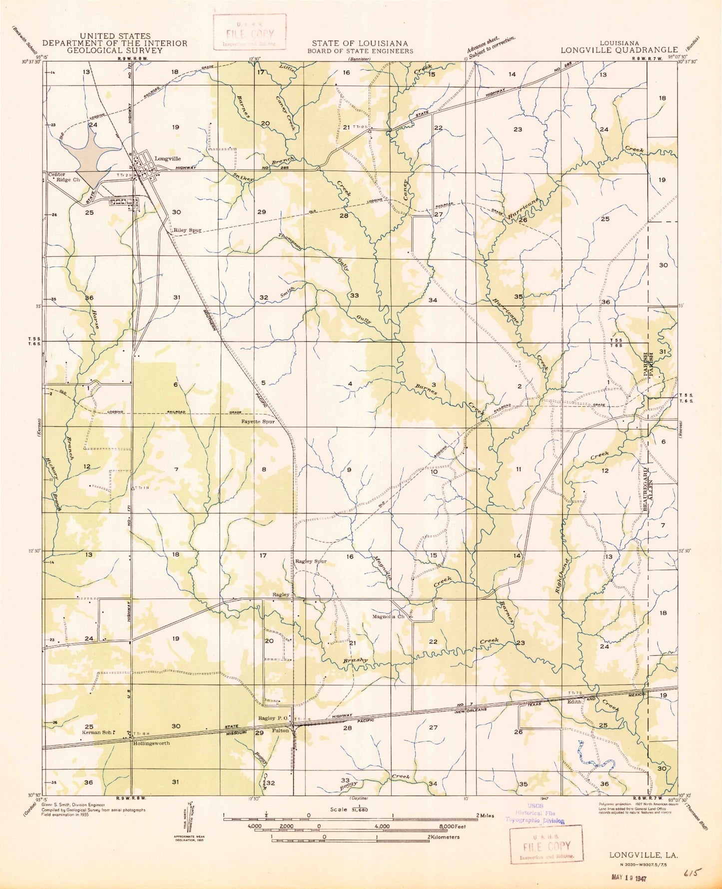 Classic USGS Longville Louisiana 7.5'x7.5' Topo Map Image