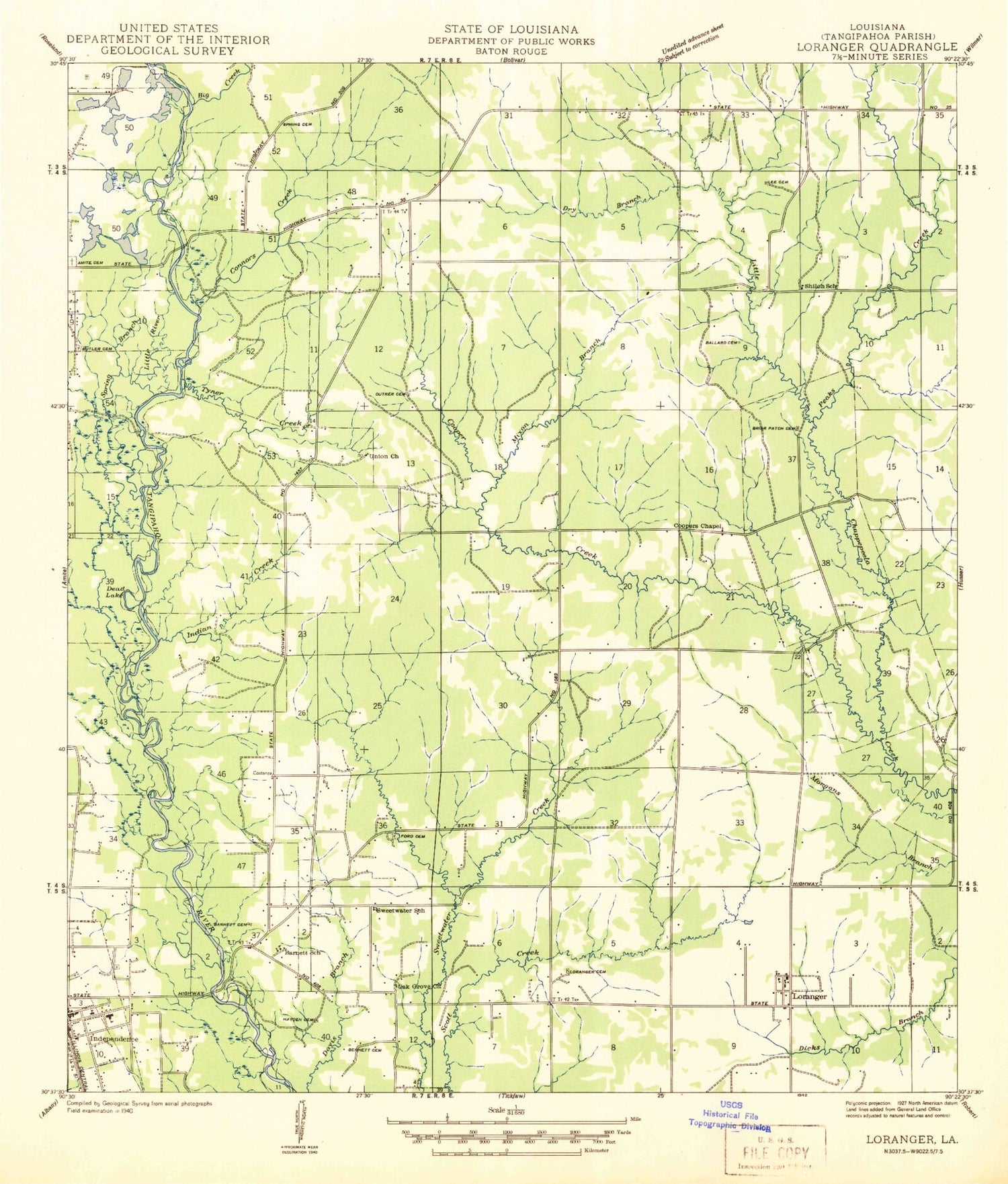 Classic USGS Loranger Louisiana 7.5'x7.5' Topo Map Image
