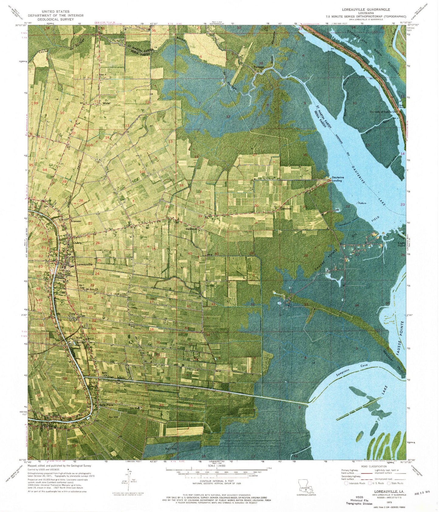 Classic USGS Loreauville Louisiana 7.5'x7.5' Topo Map Image