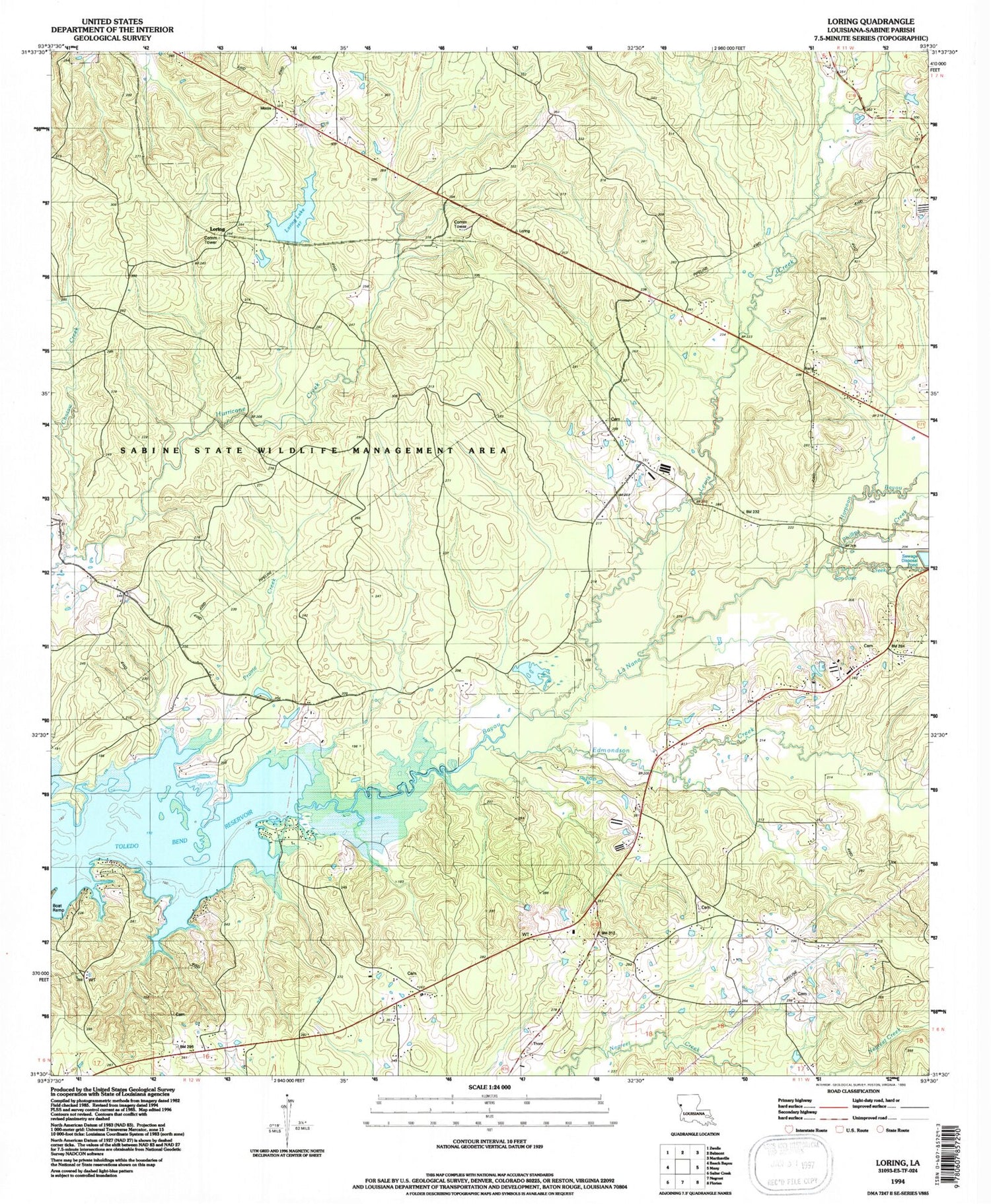 Classic USGS Loring Louisiana 7.5'x7.5' Topo Map Image