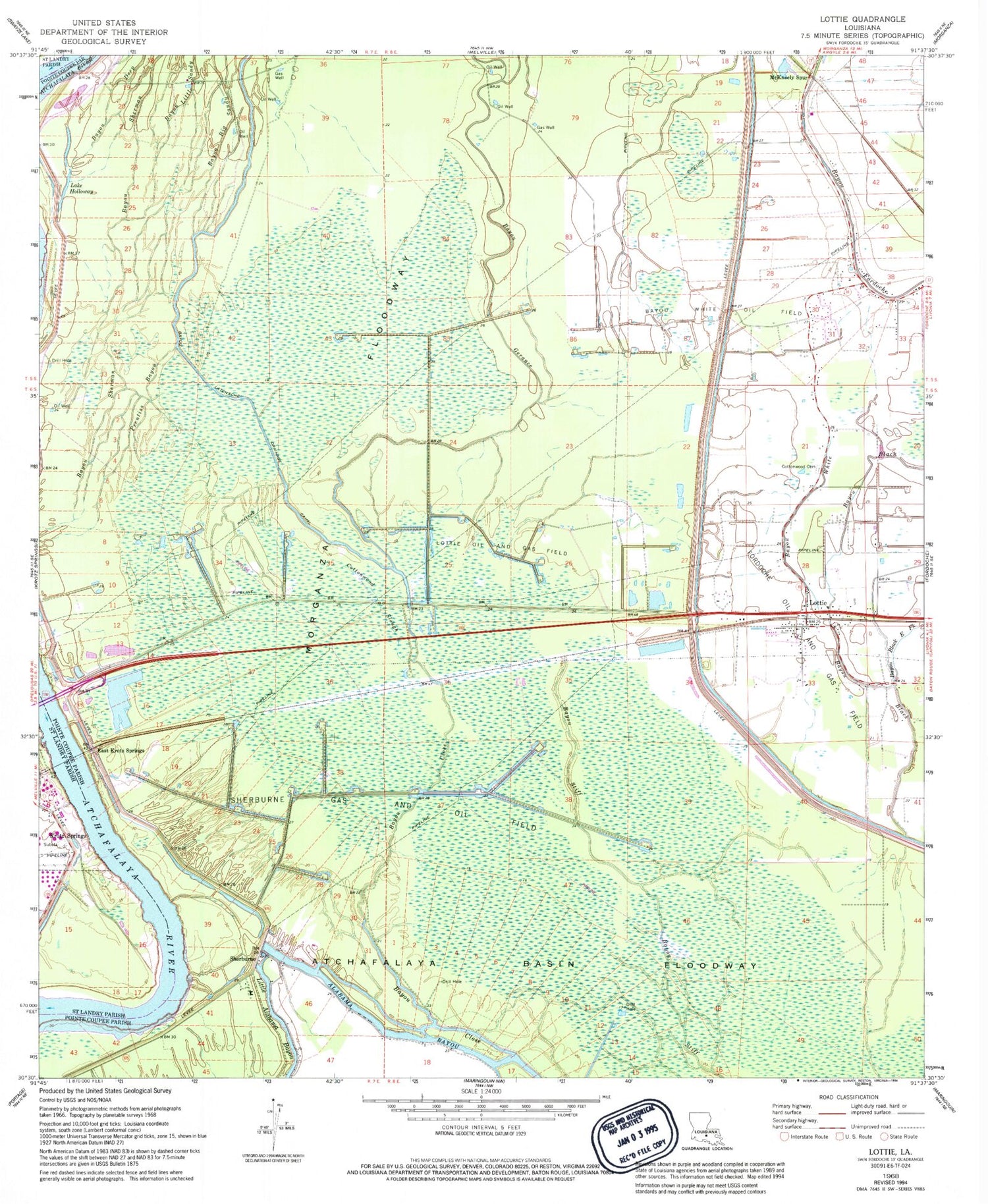 Classic USGS Lottie Louisiana 7.5'x7.5' Topo Map Image