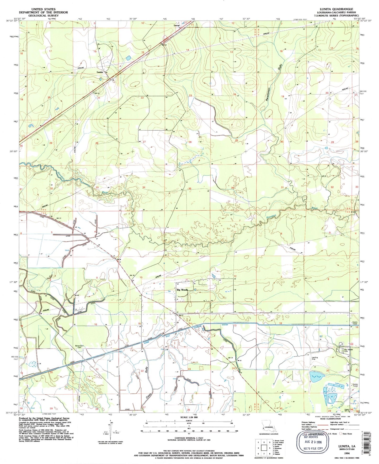 Classic USGS Lunita Louisiana 7.5'x7.5' Topo Map Image