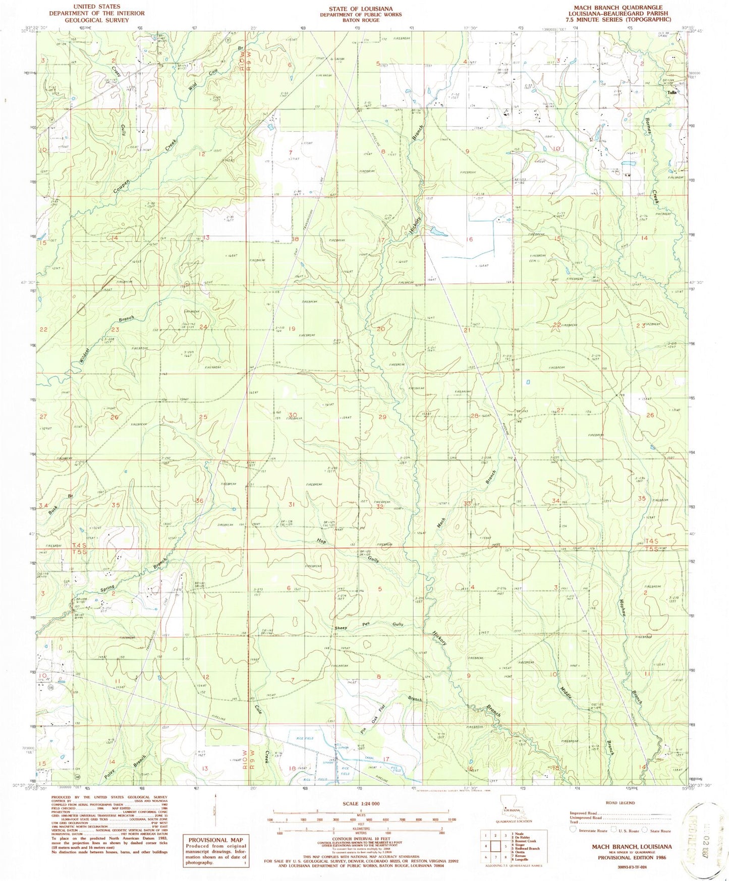 Classic USGS Mach Branch Louisiana 7.5'x7.5' Topo Map Image