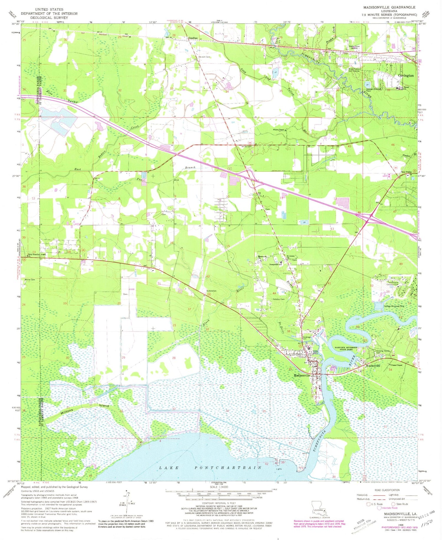 Classic USGS Madisonville Louisiana 7.5'x7.5' Topo Map Image