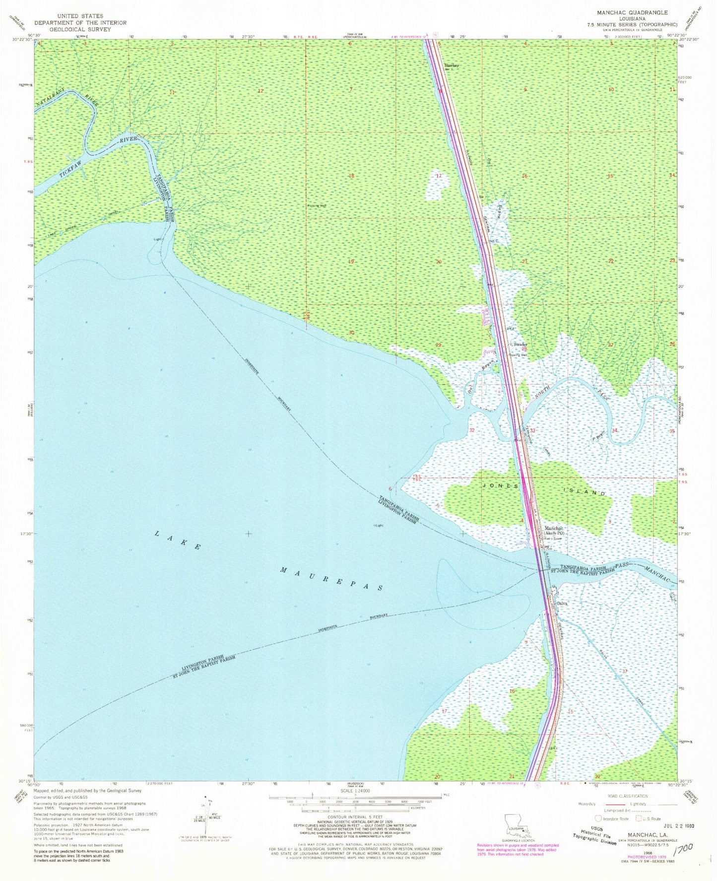 Classic USGS Manchac Louisiana 7.5'x7.5' Topo Map Image