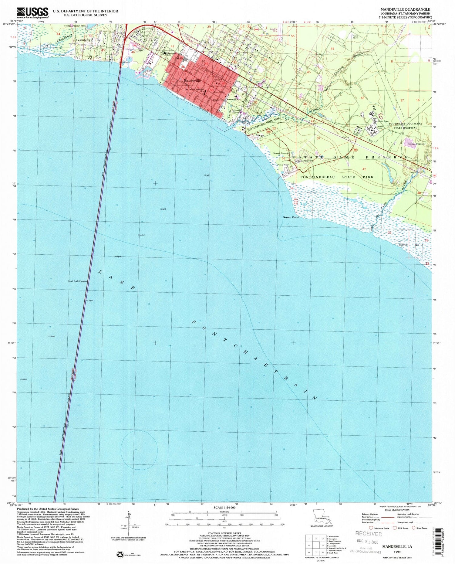 Classic USGS Mandeville Louisiana 7.5'x7.5' Topo Map Image
