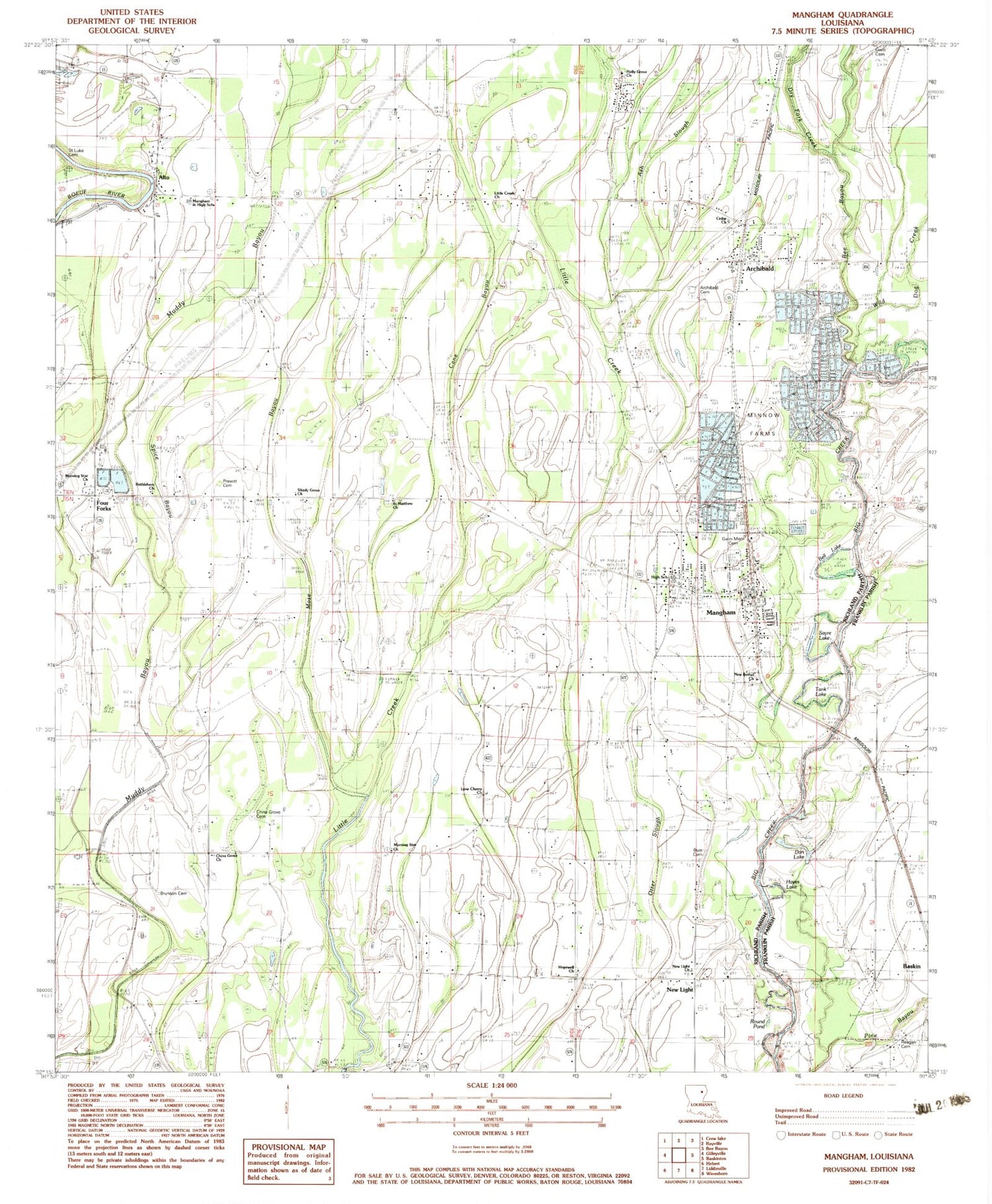 Classic USGS Mangham Louisiana 7.5'x7.5' Topo Map Image