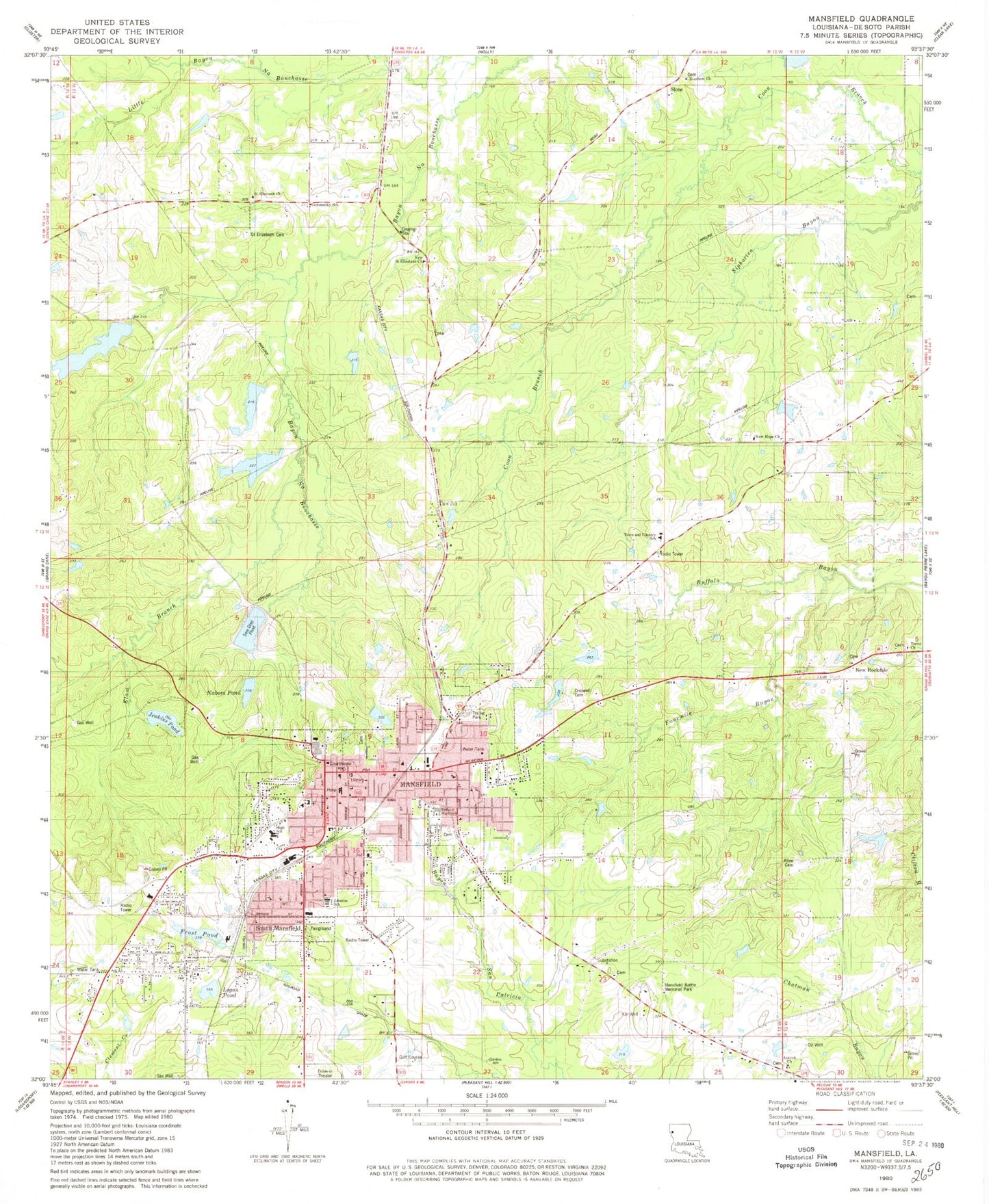 Classic USGS Mansfield Louisiana 7.5'x7.5' Topo Map Image