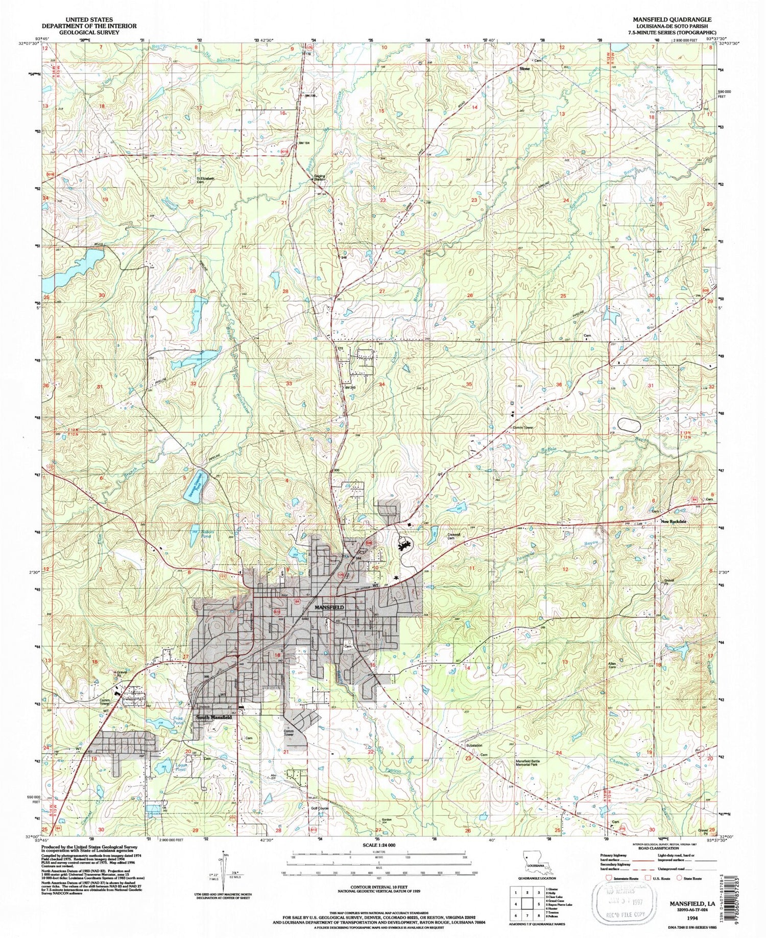 Classic USGS Mansfield Louisiana 7.5'x7.5' Topo Map Image