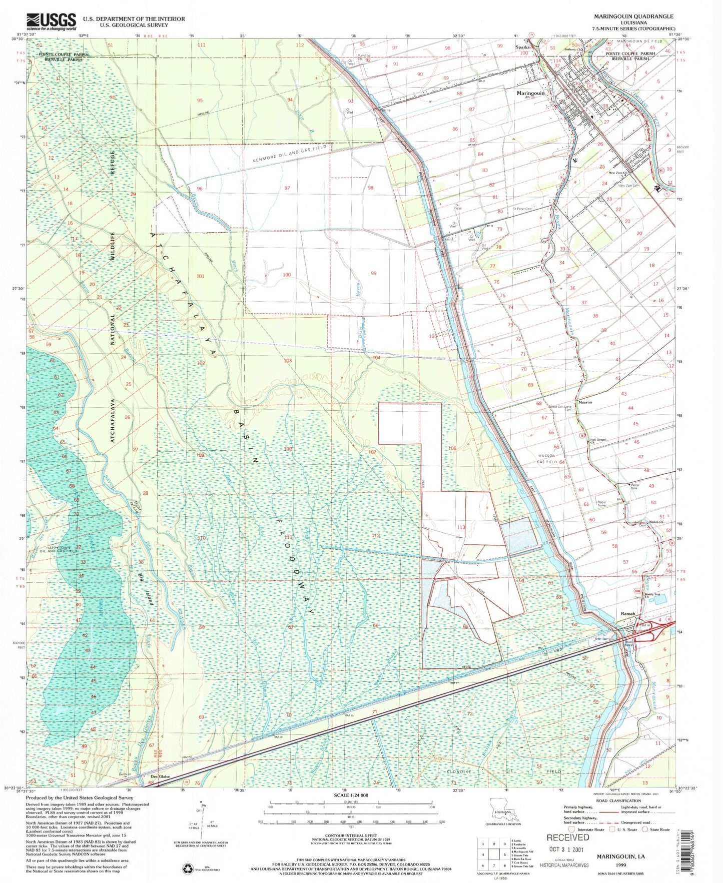 Classic USGS Maringouin Louisiana 7.5'x7.5' Topo Map Image