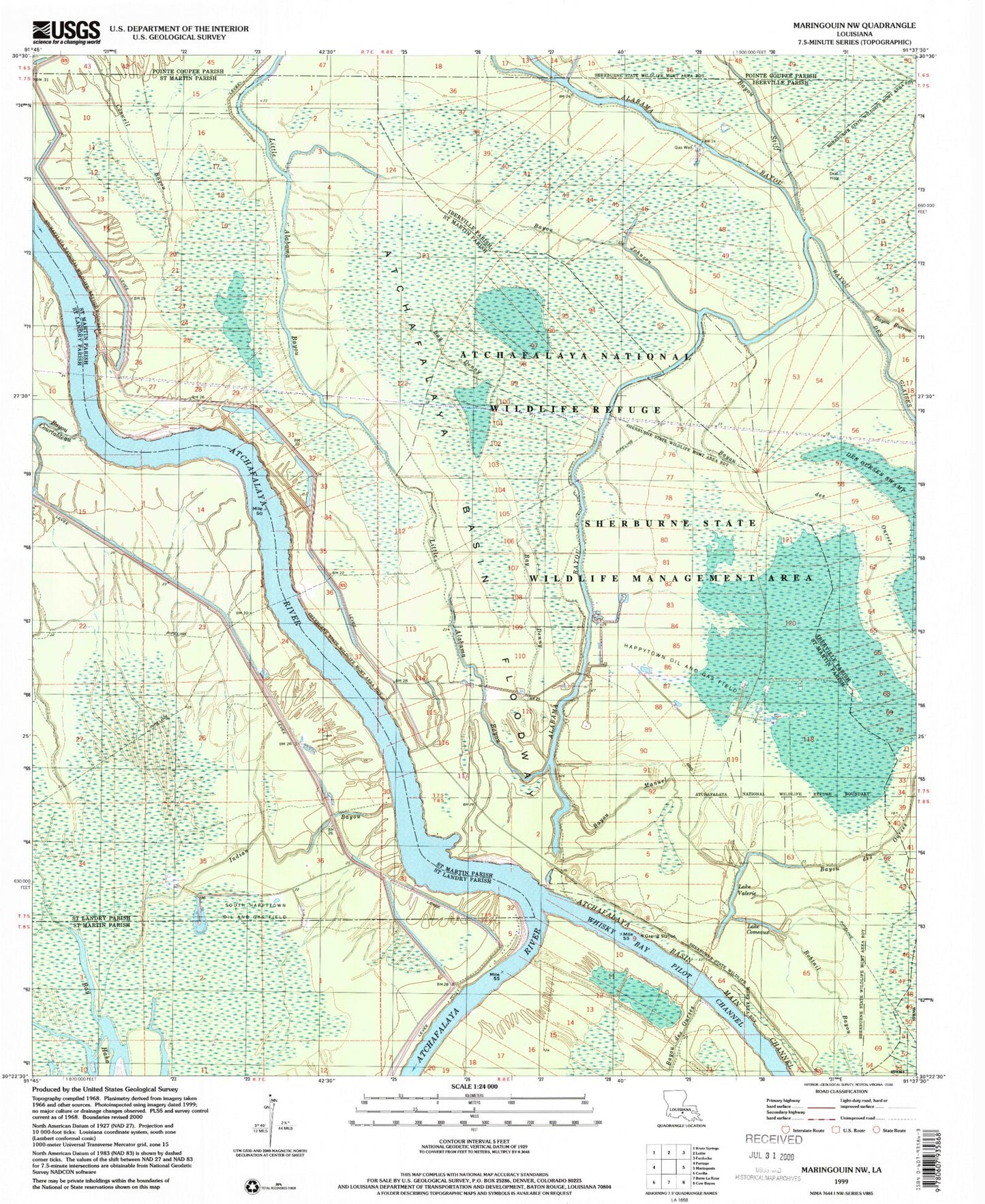 Classic USGS Maringouin NW Louisiana 7.5'x7.5' Topo Map Image