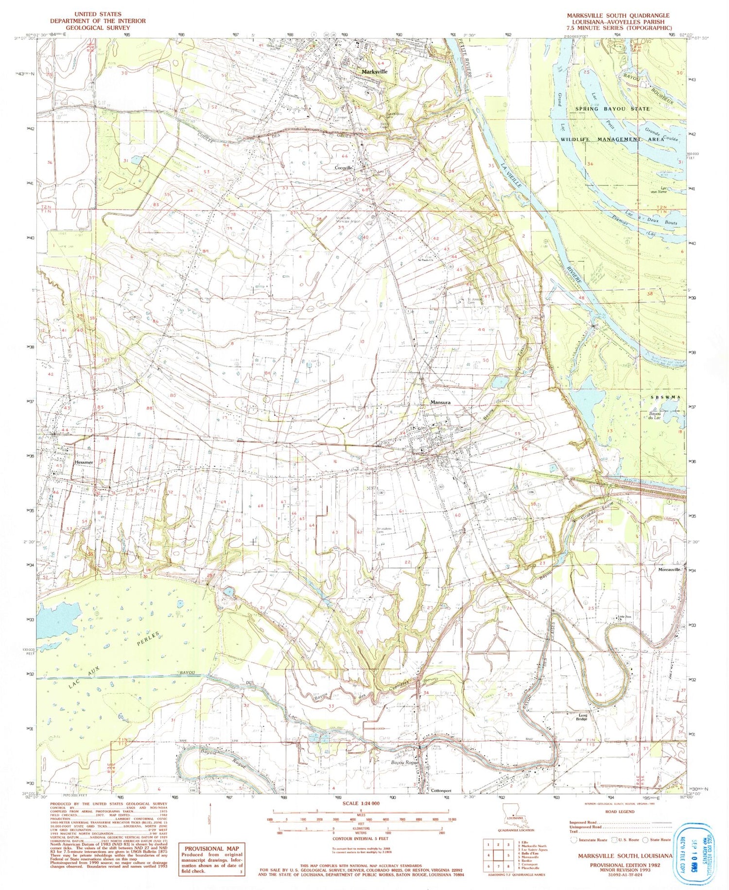 Classic USGS Marksville South Louisiana 7.5'x7.5' Topo Map Image