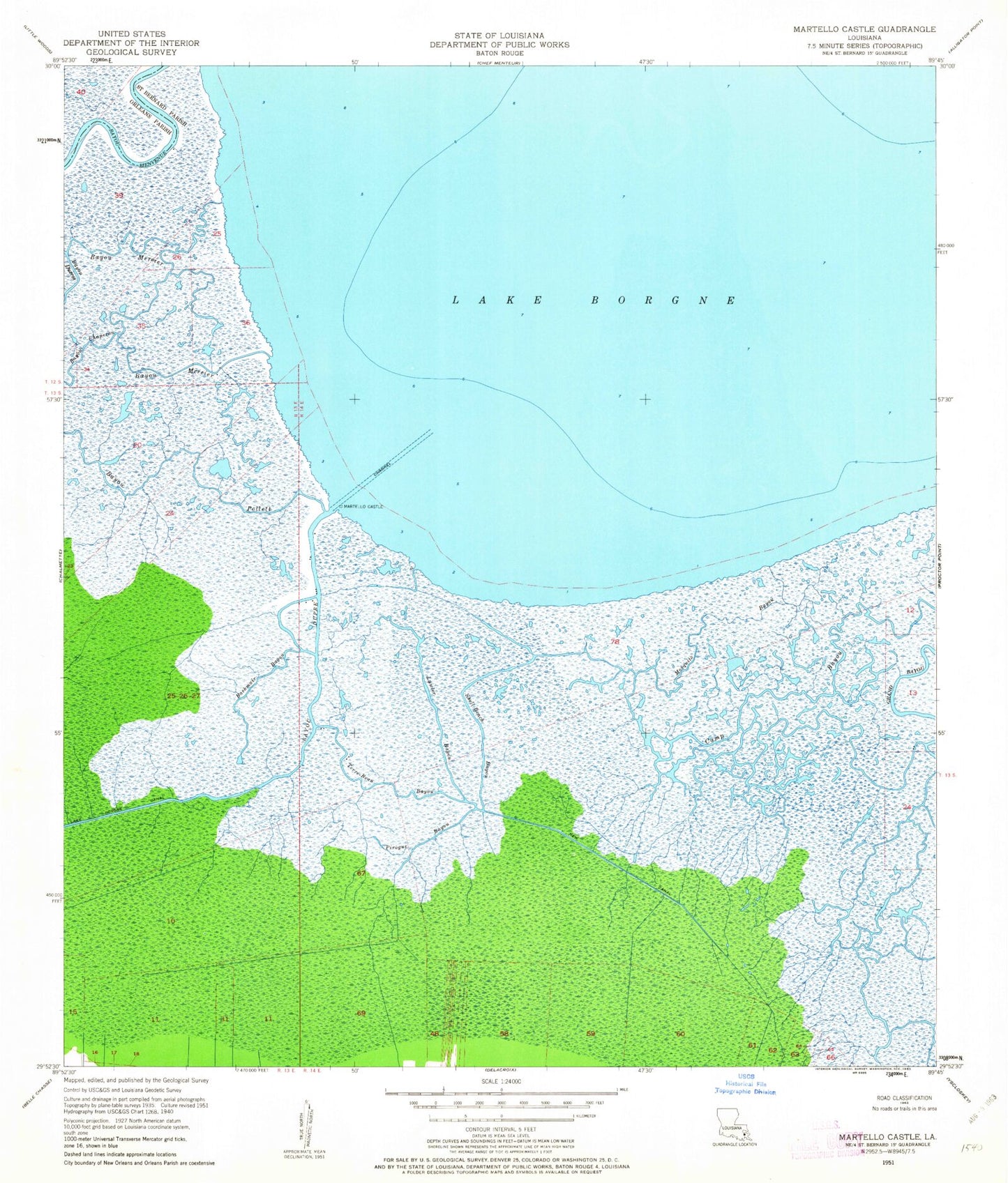 Classic USGS Martello Castle Louisiana 7.5'x7.5' Topo Map Image