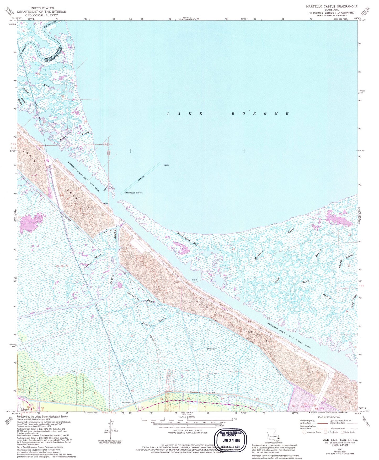 Classic USGS Martello Castle Louisiana 7.5'x7.5' Topo Map Image