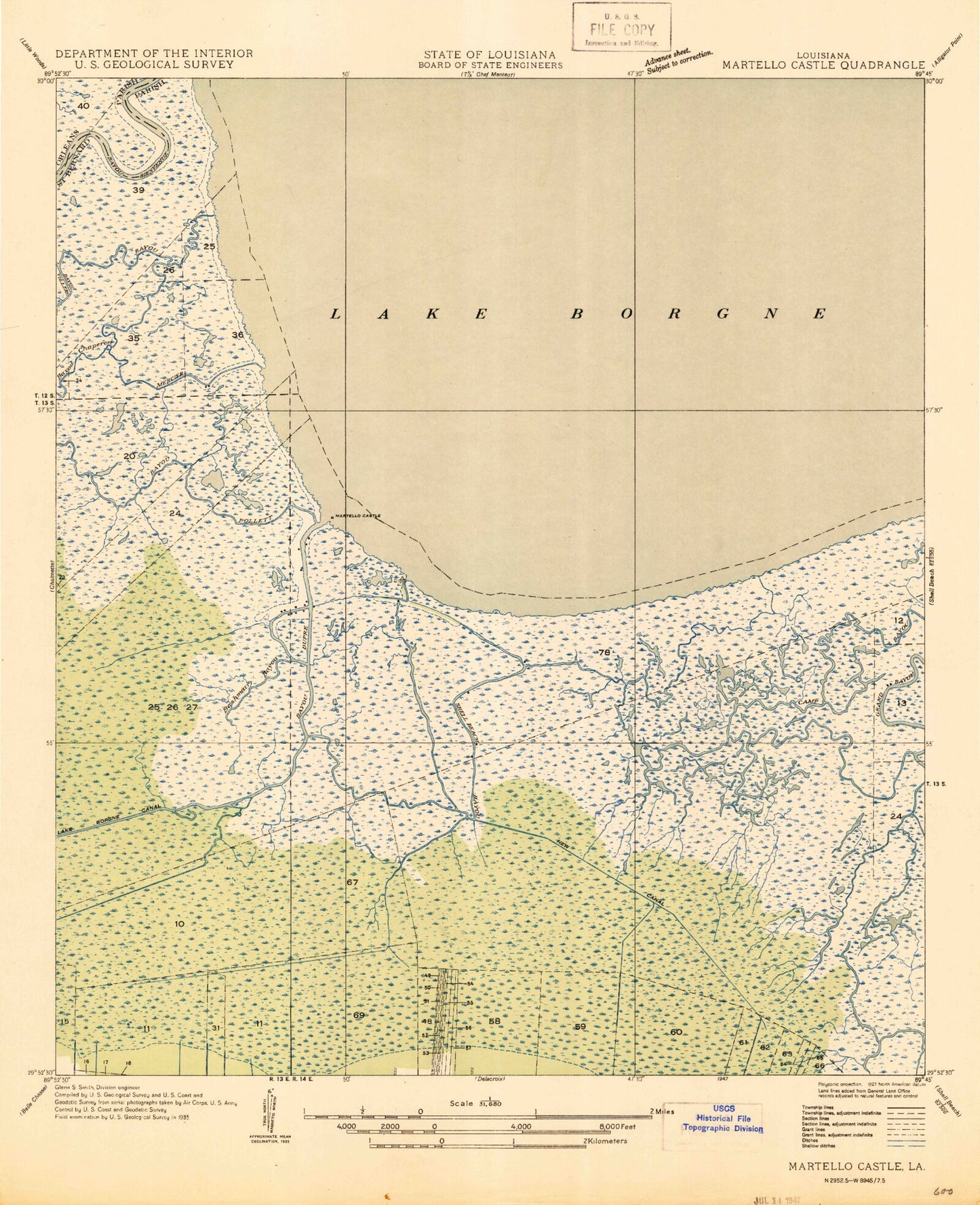 Classic USGS Martello Castle Louisiana 7.5'x7.5' Topo Map Image
