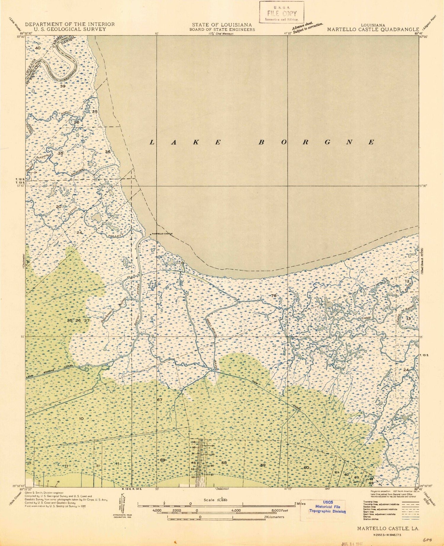 Classic USGS Martello Castle Louisiana 7.5'x7.5' Topo Map Image