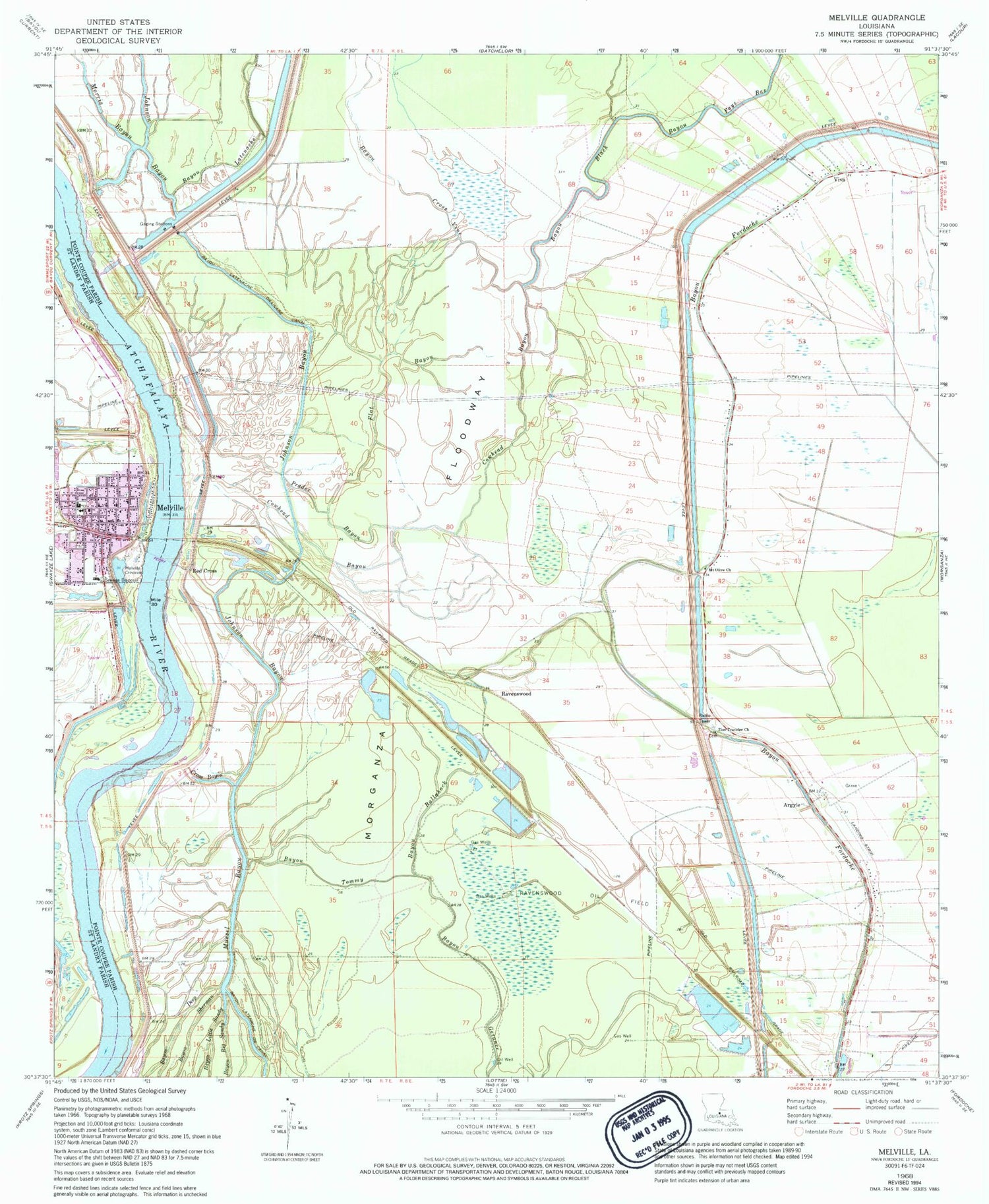 Classic USGS Melville Louisiana 7.5'x7.5' Topo Map Image