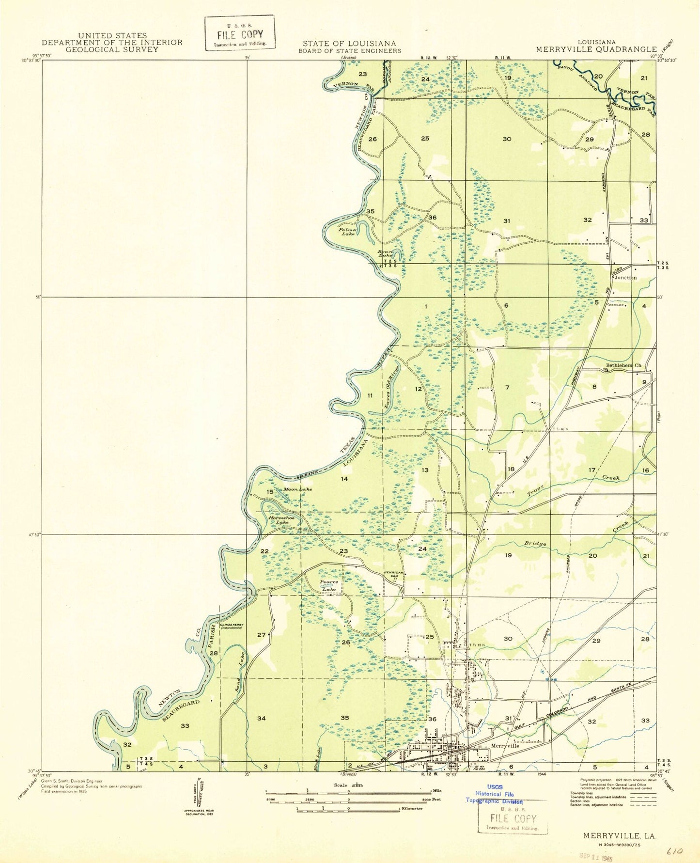 Classic USGS Merryville North Louisiana 7.5'x7.5' Topo Map Image