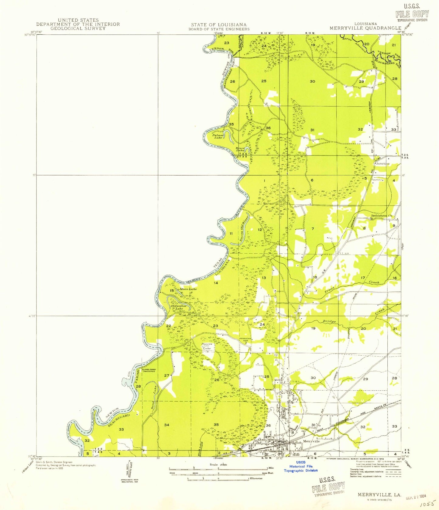 Classic USGS Merryville North Louisiana 7.5'x7.5' Topo Map Image