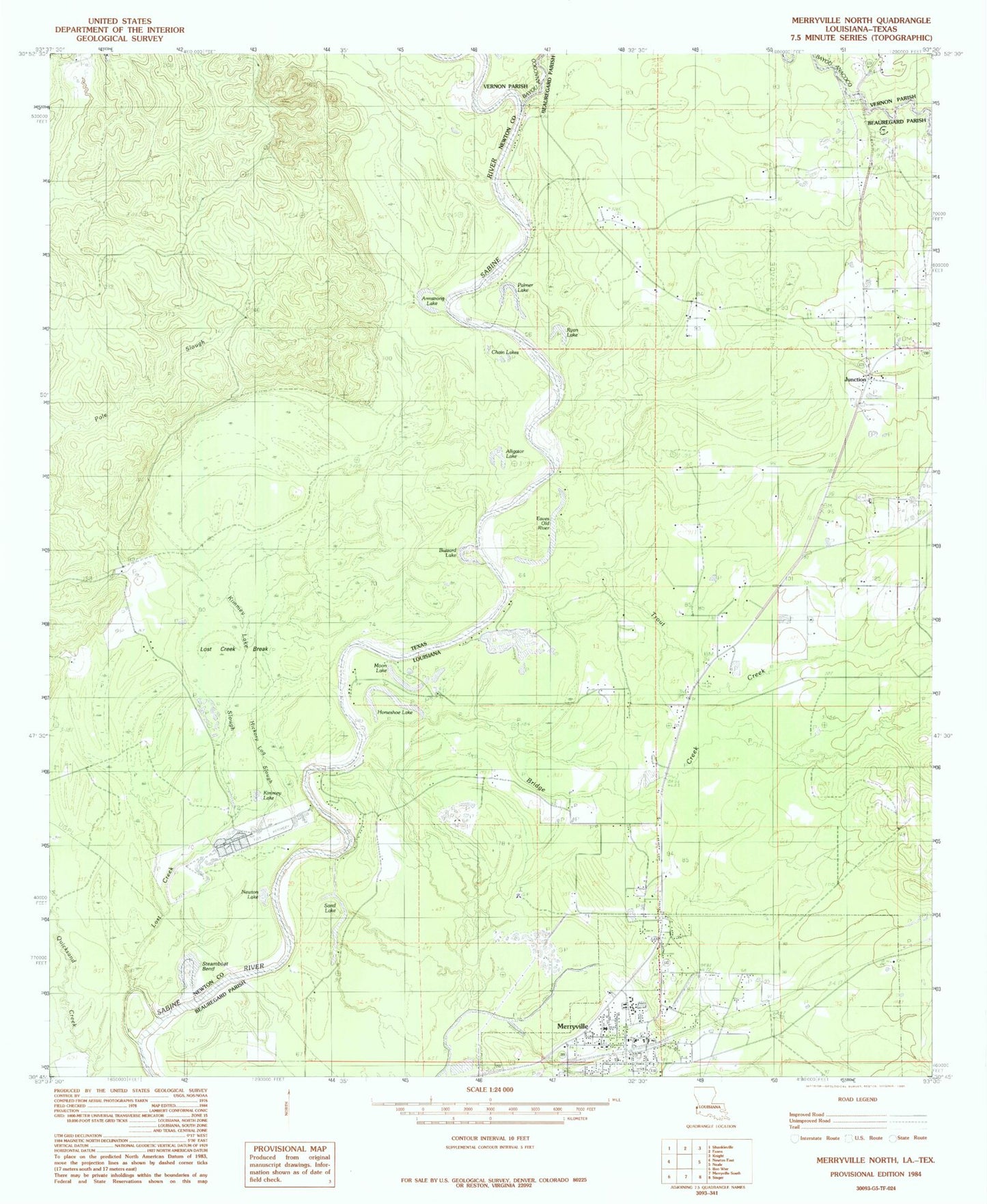 Classic USGS Merryville North Louisiana 7.5'x7.5' Topo Map Image