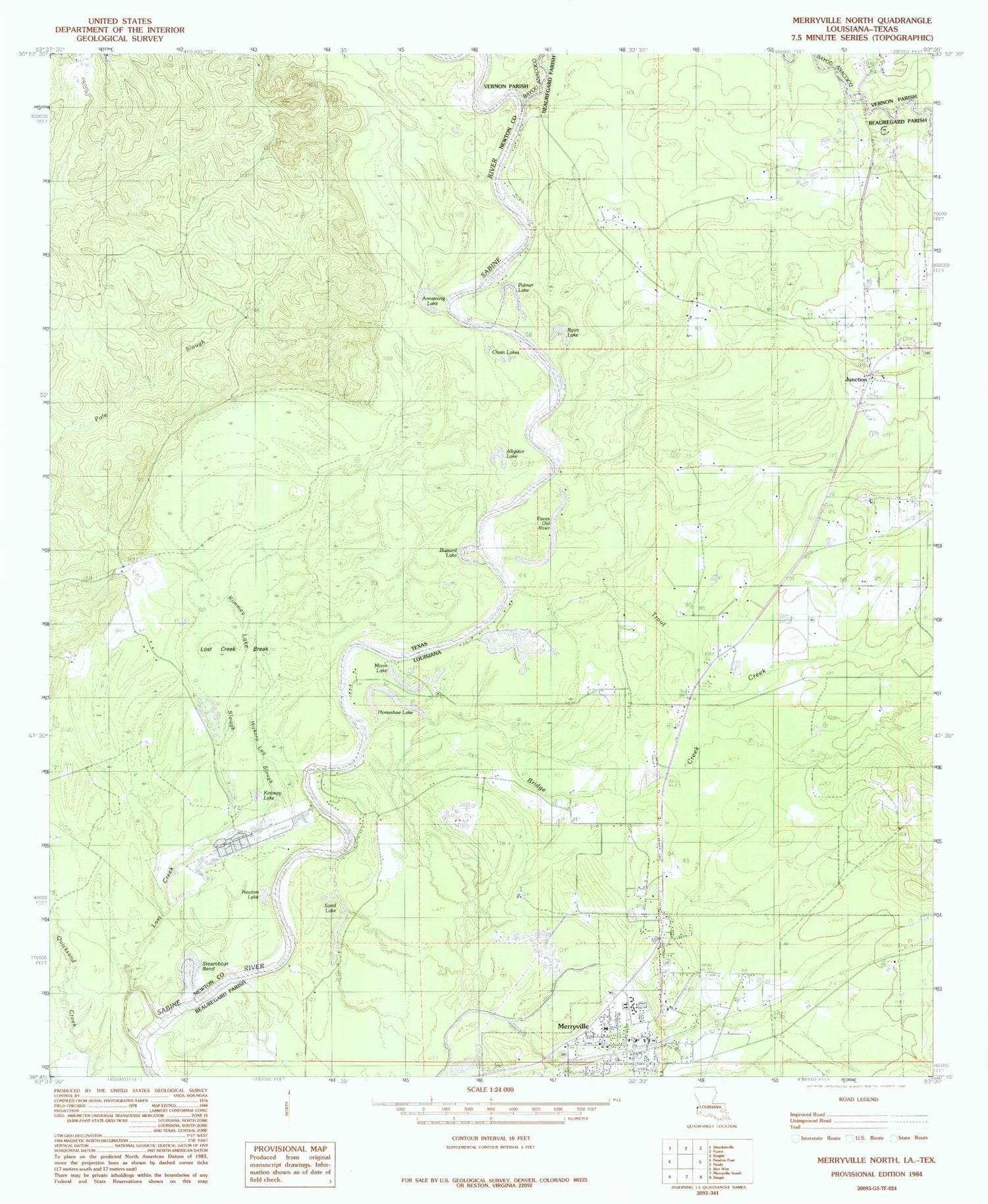Classic USGS Merryville North Louisiana 7.5'x7.5' Topo Map Image