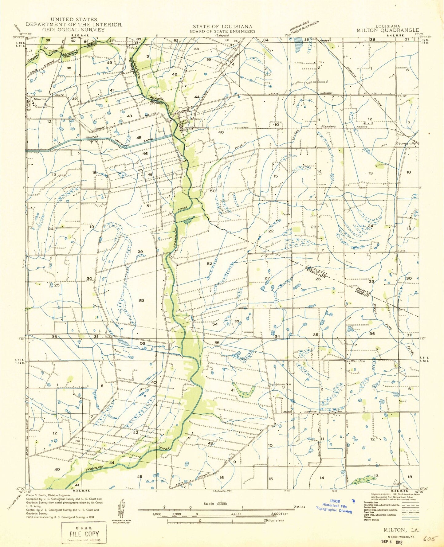 Classic USGS Milton Louisiana 7.5'x7.5' Topo Map Image
