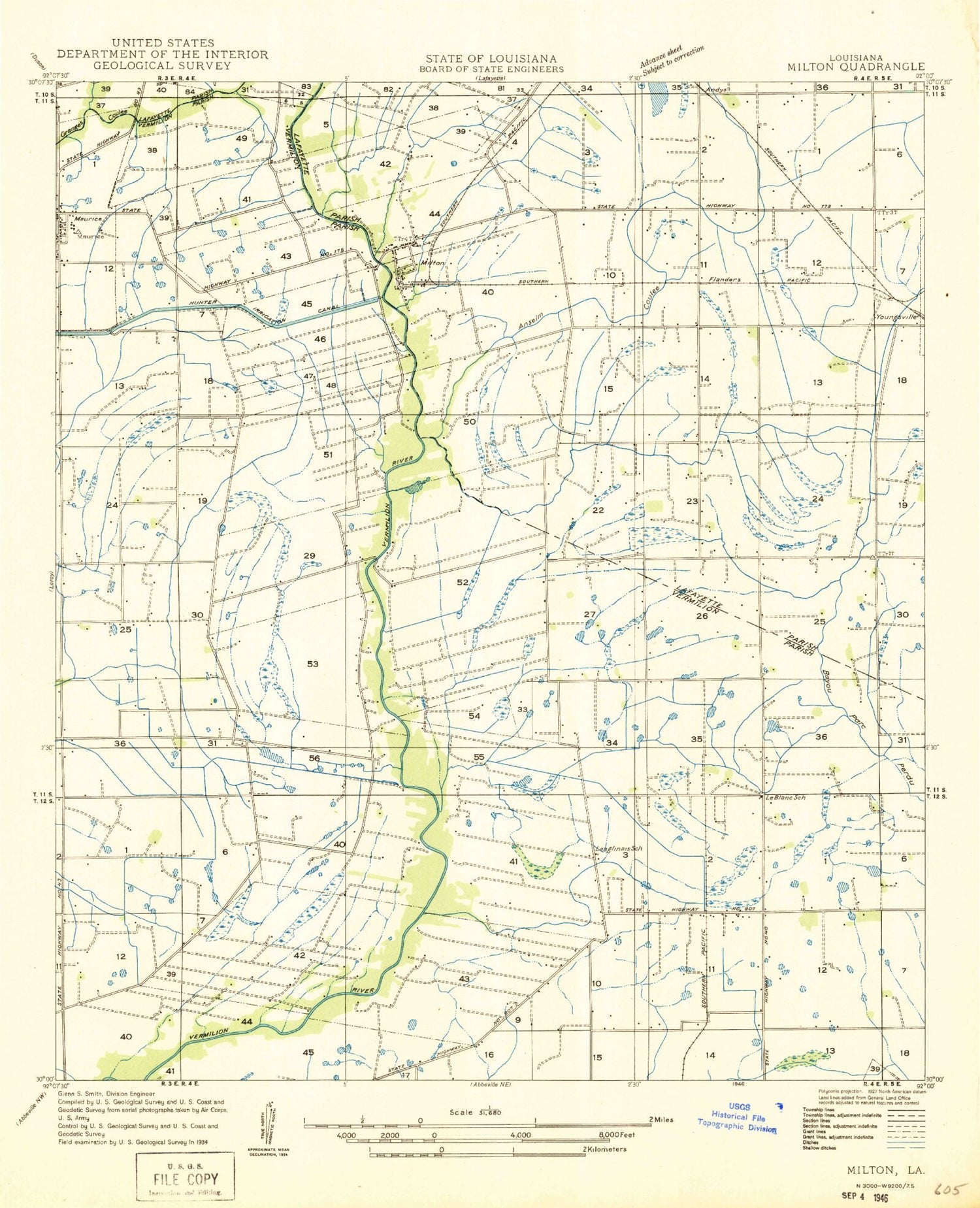 Classic USGS Milton Louisiana 7.5'x7.5' Topo Map Image