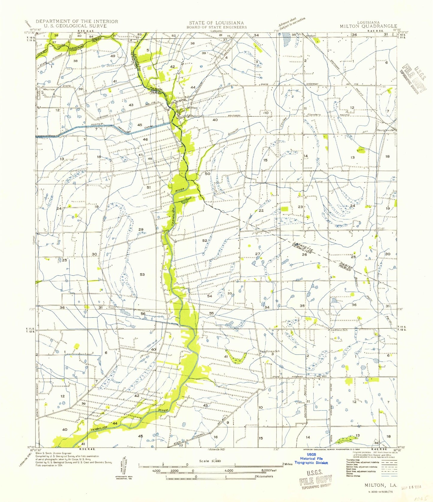Classic USGS Milton Louisiana 7.5'x7.5' Topo Map Image