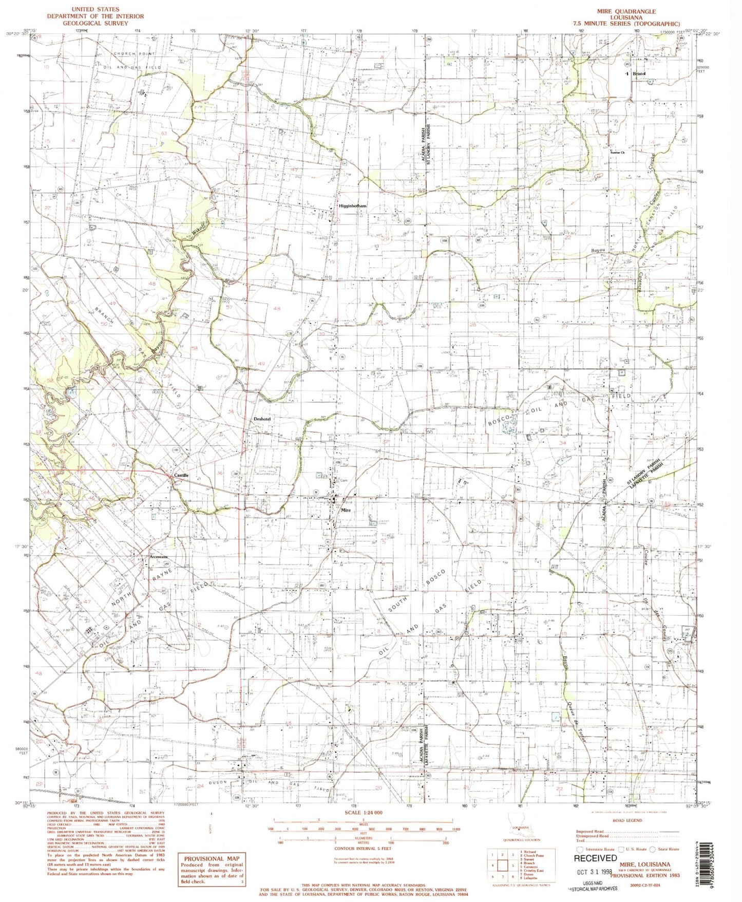 Classic USGS Mire Louisiana 7.5'x7.5' Topo Map Image
