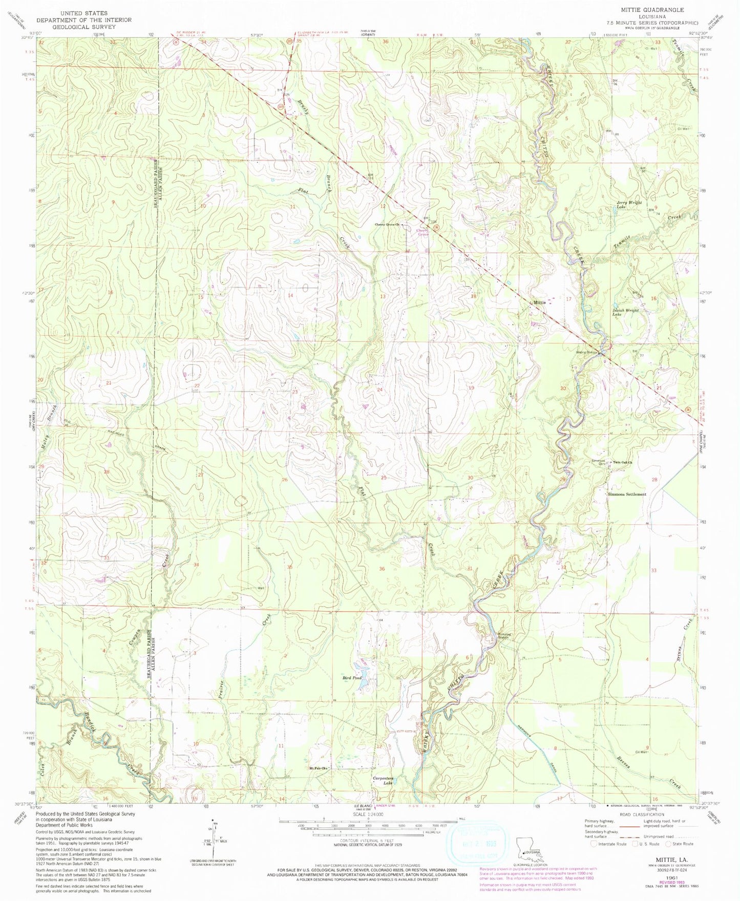 Classic USGS Mittie Louisiana 7.5'x7.5' Topo Map Image