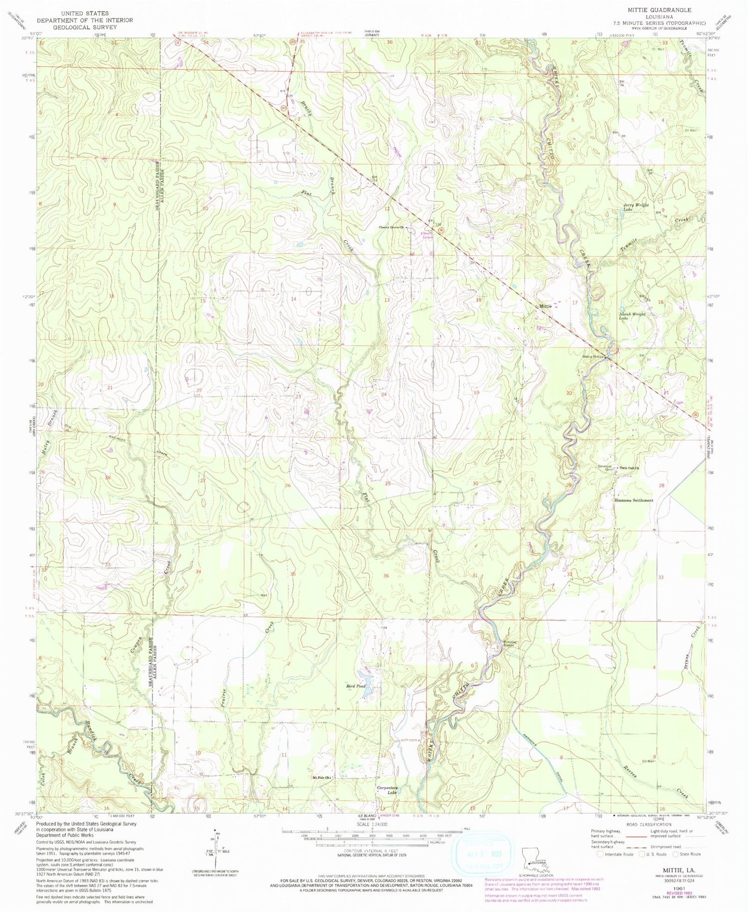 Classic USGS Mittie Louisiana 7.5'x7.5' Topo Map Image