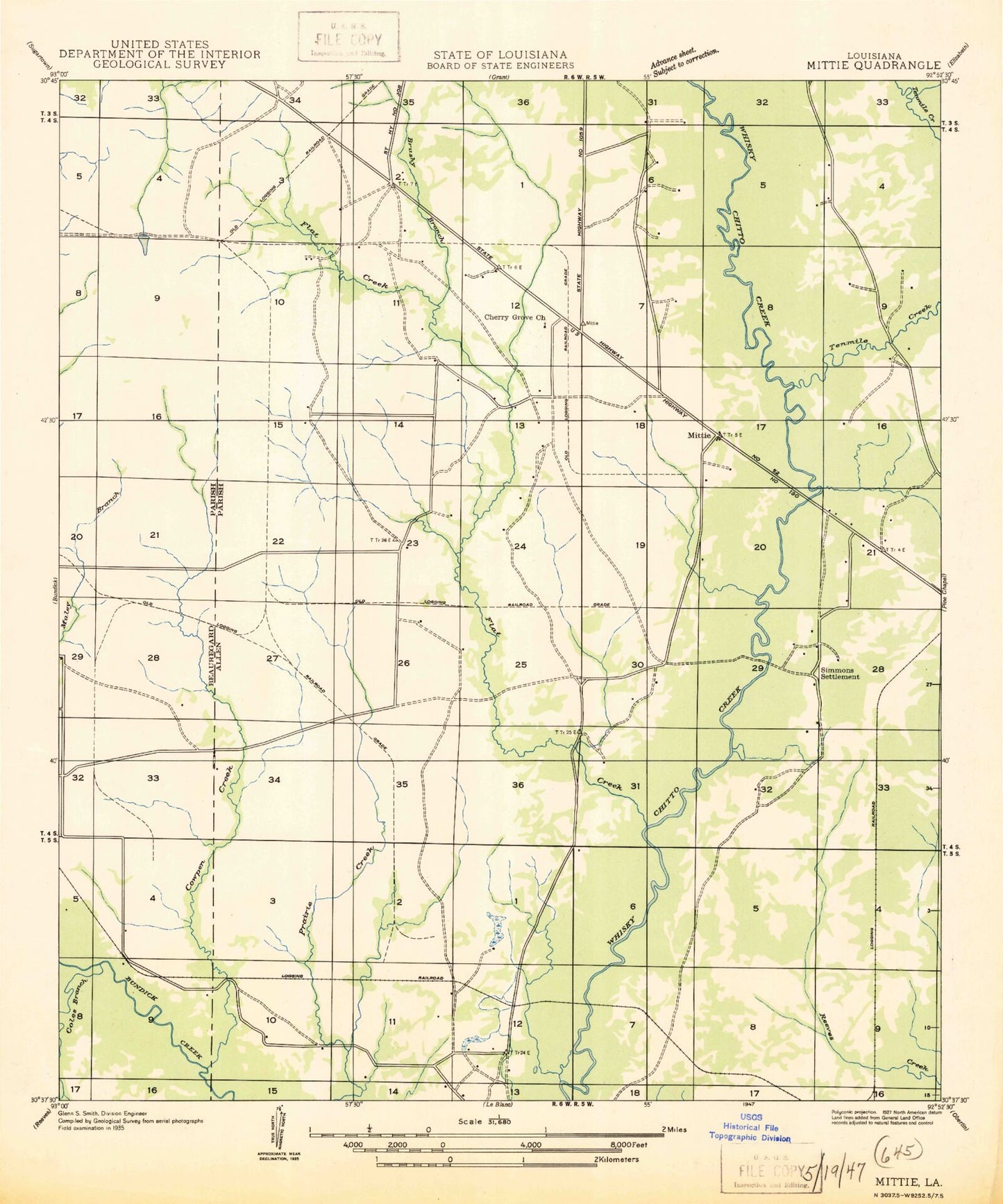 Classic USGS Mittie Louisiana 7.5'x7.5' Topo Map Image