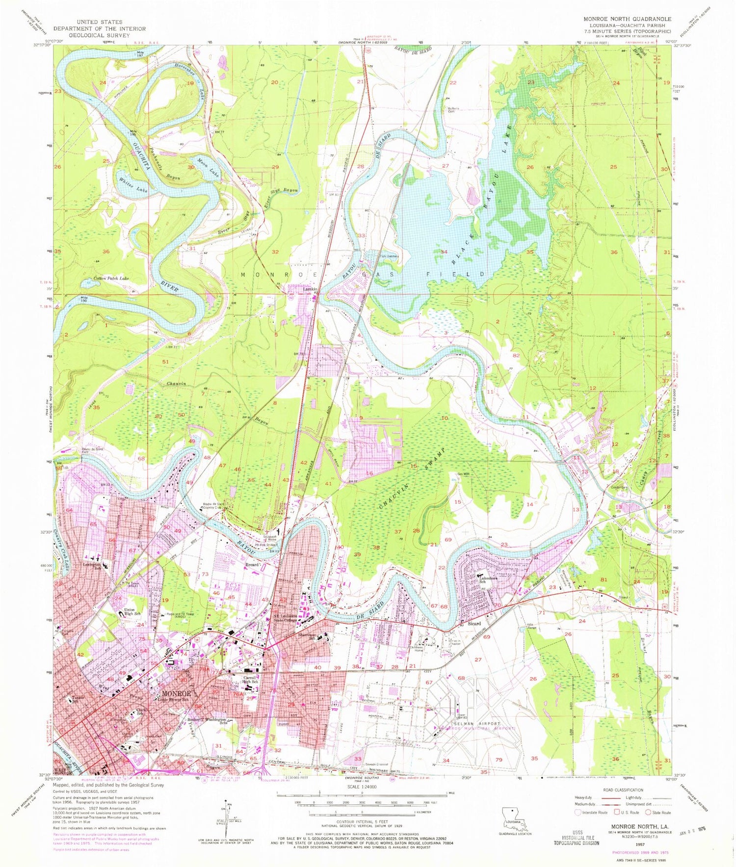 Classic USGS Monroe North Louisiana 7.5'x7.5' Topo Map Image