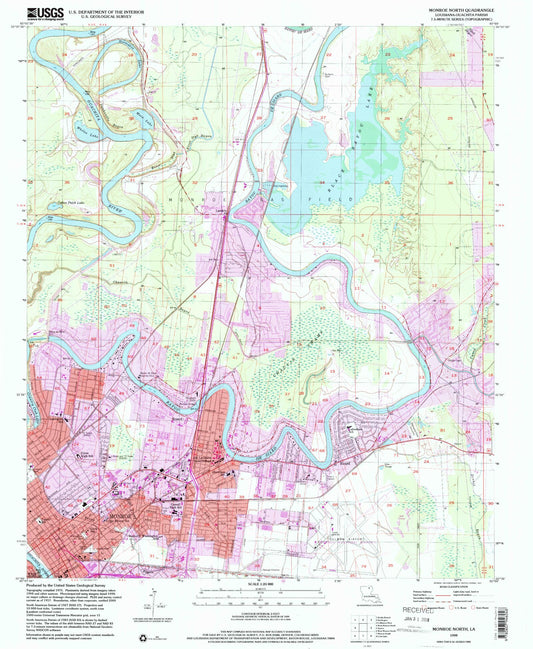 Classic USGS Monroe North Louisiana 7.5'x7.5' Topo Map Image